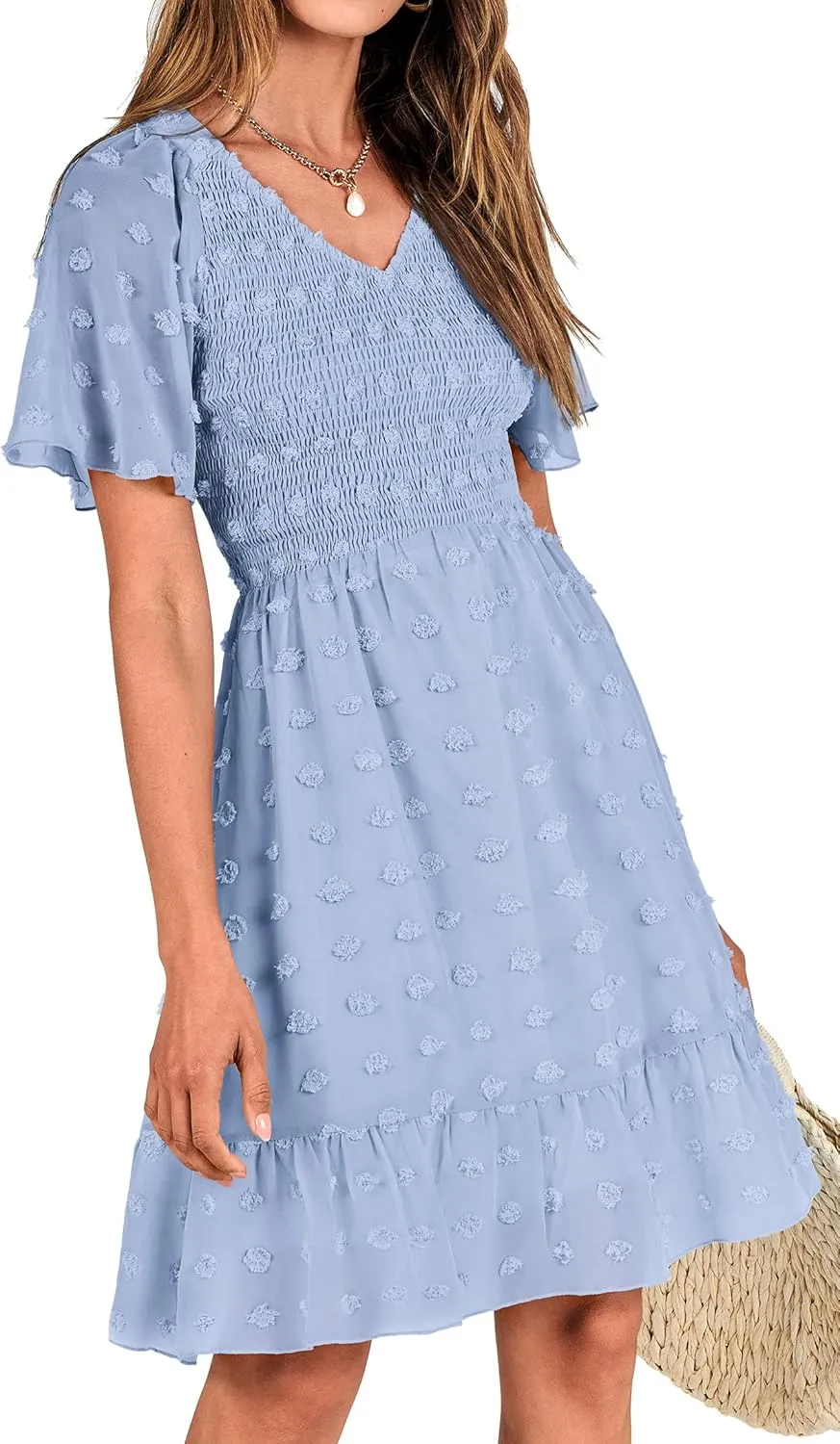 BTFBM Womens Beach Vacation Dress V Neck Short Sleeve Smocked Swiss Dot Casual Ruffle Mini Spring Summer Dresses 2025