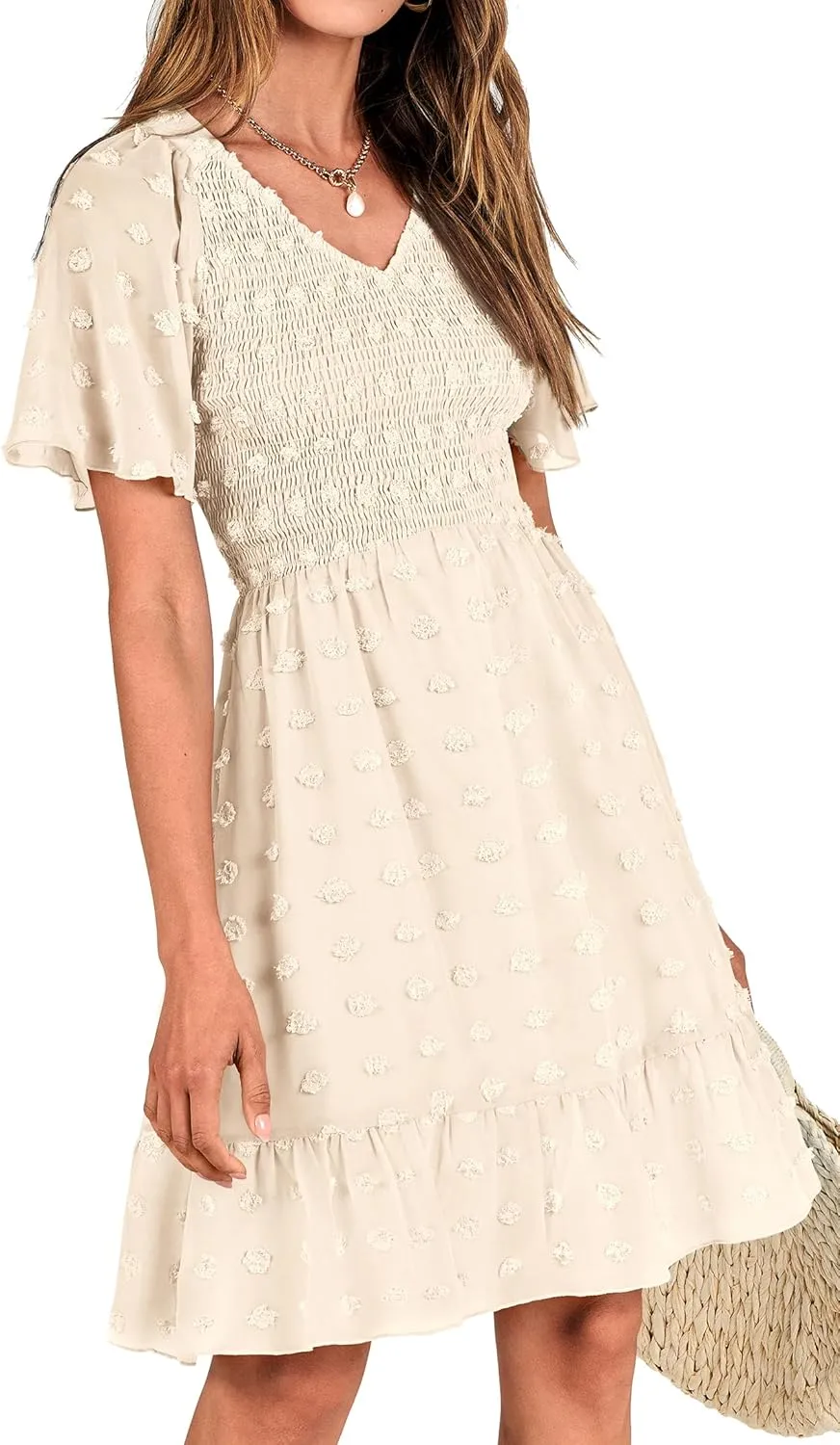 BTFBM Womens Beach Vacation Dress V Neck Short Sleeve Smocked Swiss Dot Casual Ruffle Mini Spring Summer Dresses 2025