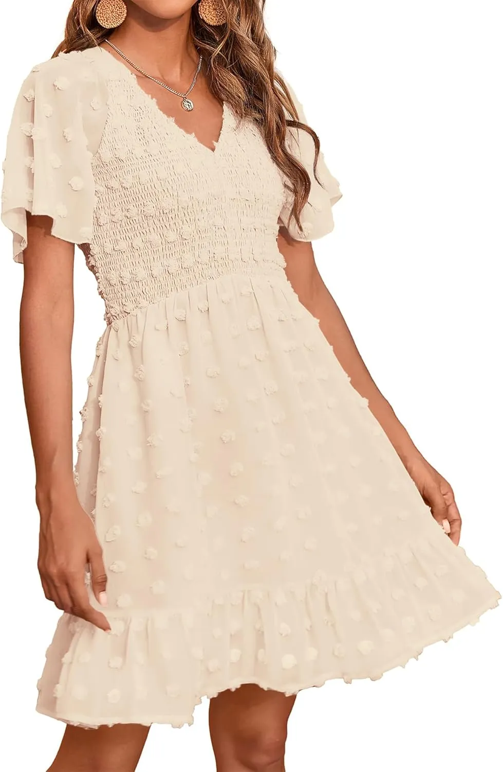 BTFBM Womens Beach Vacation Dress V Neck Short Sleeve Smocked Swiss Dot Casual Ruffle Mini Spring Summer Dresses 2025