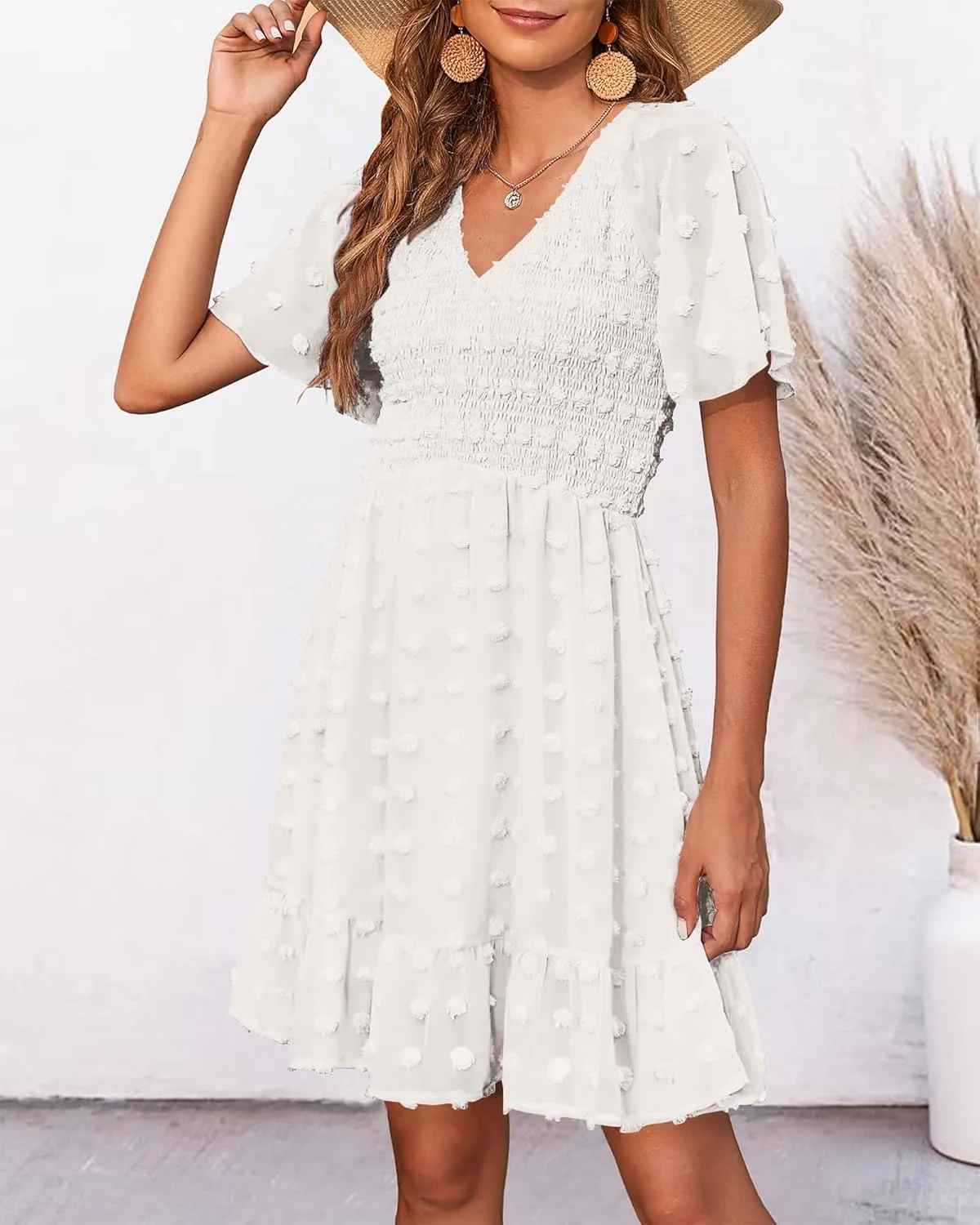 BTFBM Womens Beach Vacation Dress V Neck Short Sleeve Smocked Swiss Dot Casual Ruffle Mini Spring Summer Dresses 2025