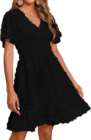 BTFBM Womens Beach Vacation Dress V Neck Short Sleeve Smocked Swiss Dot Casual Ruffle Mini Spring Summer Dresses 2025