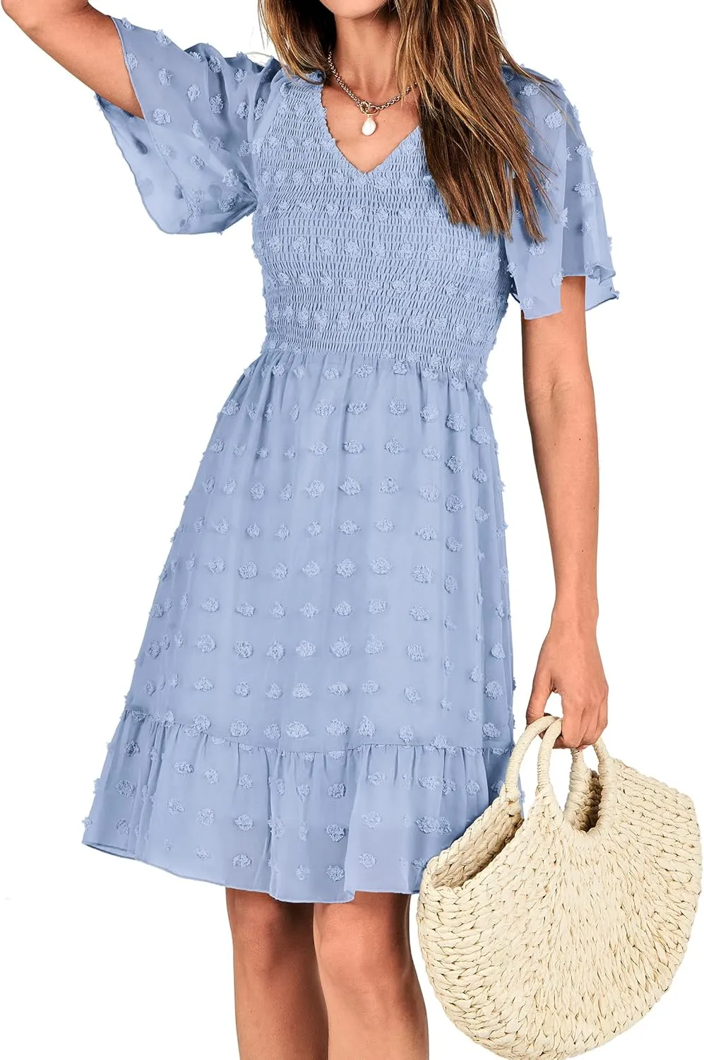 BTFBM Womens Beach Vacation Dress V Neck Short Sleeve Smocked Swiss Dot Casual Ruffle Mini Spring Summer Dresses 2025