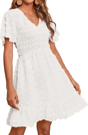 BTFBM Womens Beach Vacation Dress V Neck Short Sleeve Smocked Swiss Dot Casual Ruffle Mini Spring Summer Dresses 2025