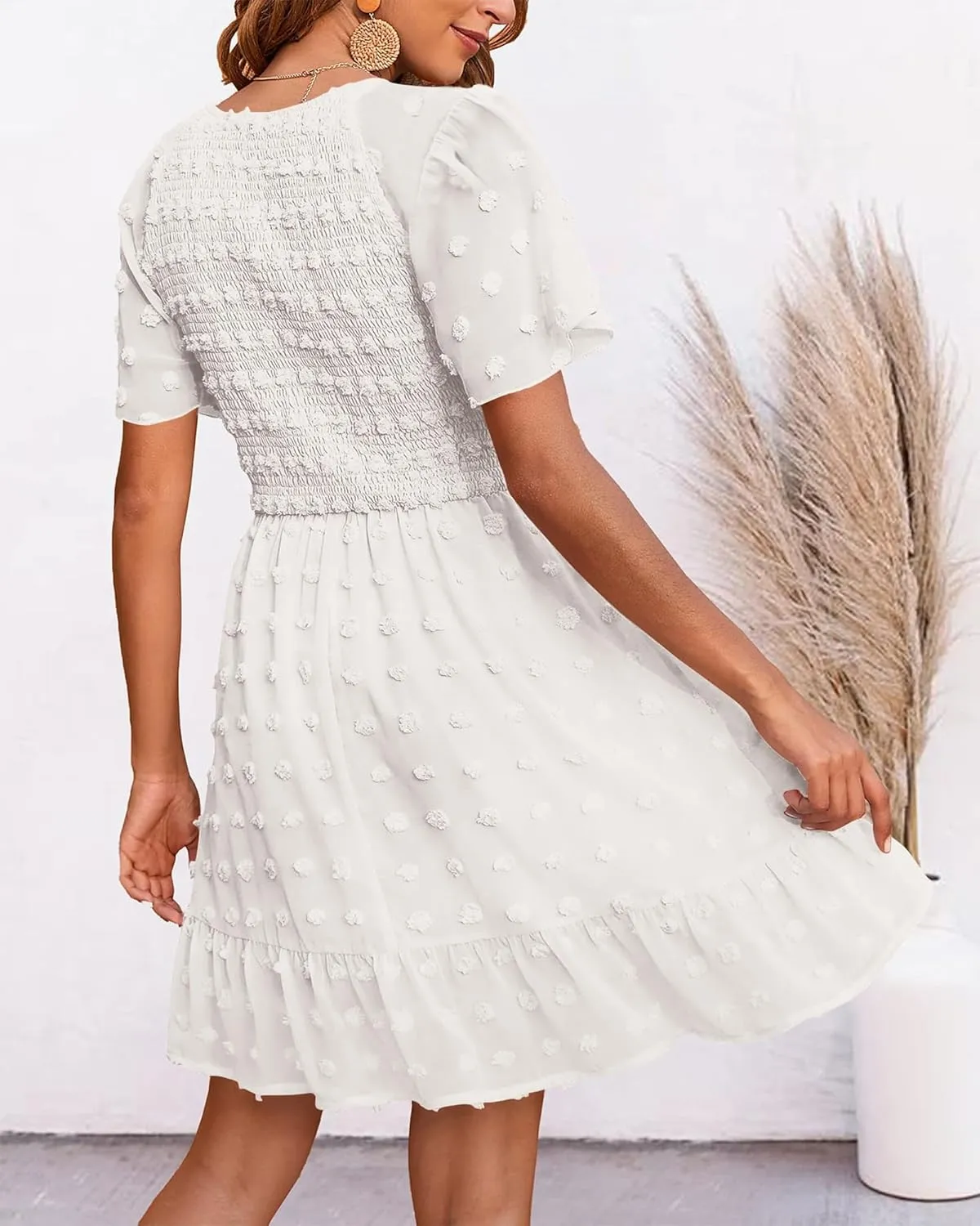 BTFBM Womens Beach Vacation Dress V Neck Short Sleeve Smocked Swiss Dot Casual Ruffle Mini Spring Summer Dresses 2025