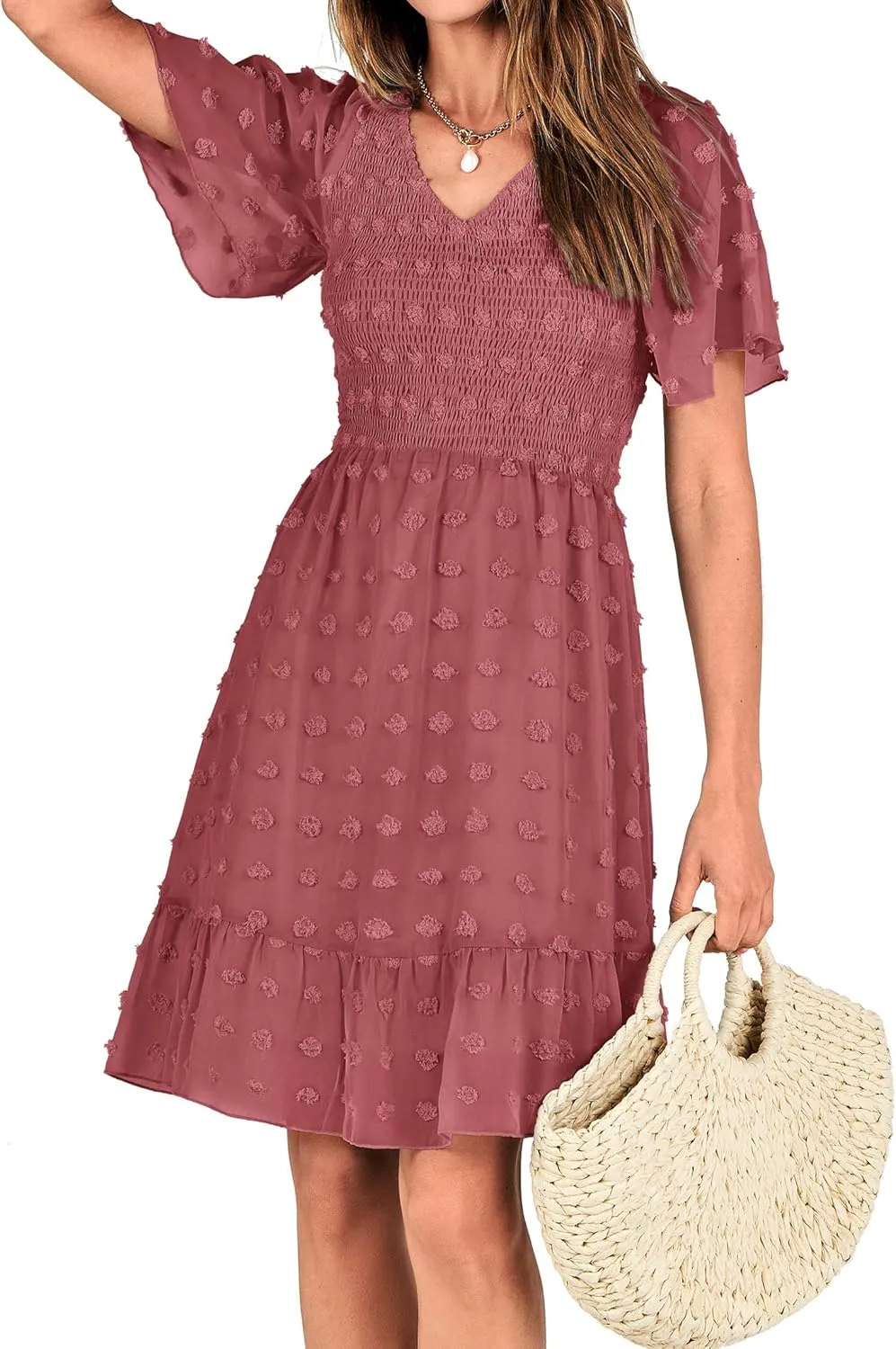 BTFBM Womens Beach Vacation Dress V Neck Short Sleeve Smocked Swiss Dot Casual Ruffle Mini Spring Summer Dresses 2025