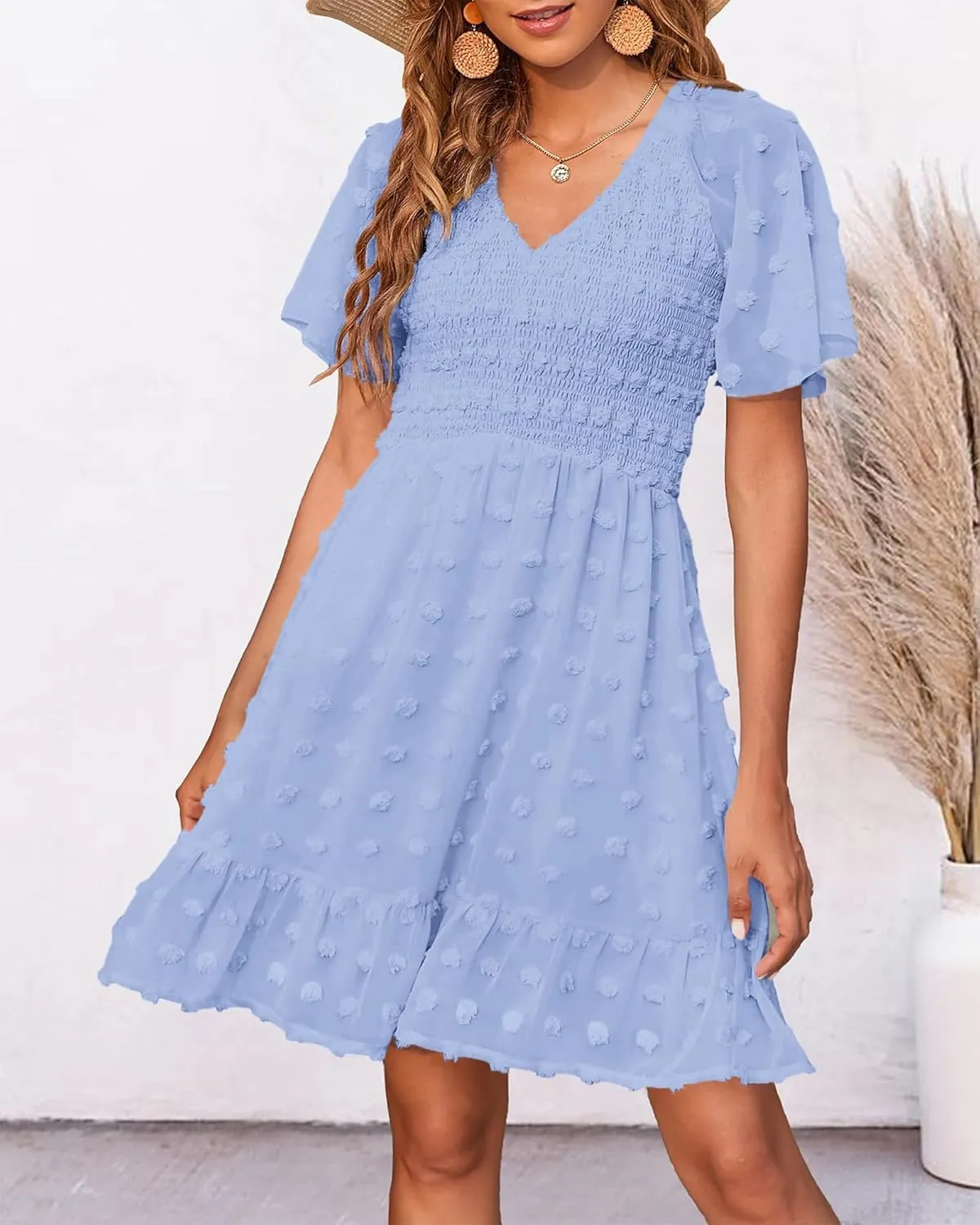 BTFBM Womens Beach Vacation Dress V Neck Short Sleeve Smocked Swiss Dot Casual Ruffle Mini Spring Summer Dresses 2025