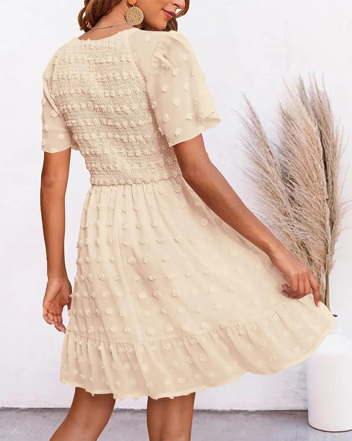 BTFBM Womens Beach Vacation Dress V Neck Short Sleeve Smocked Swiss Dot Casual Ruffle Mini Spring Summer Dresses 2025