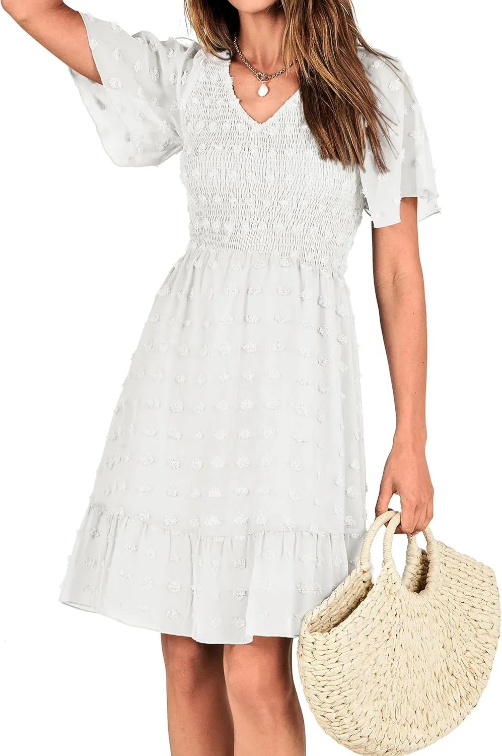 BTFBM Womens Beach Vacation Dress V Neck Short Sleeve Smocked Swiss Dot Casual Ruffle Mini Spring Summer Dresses 2025