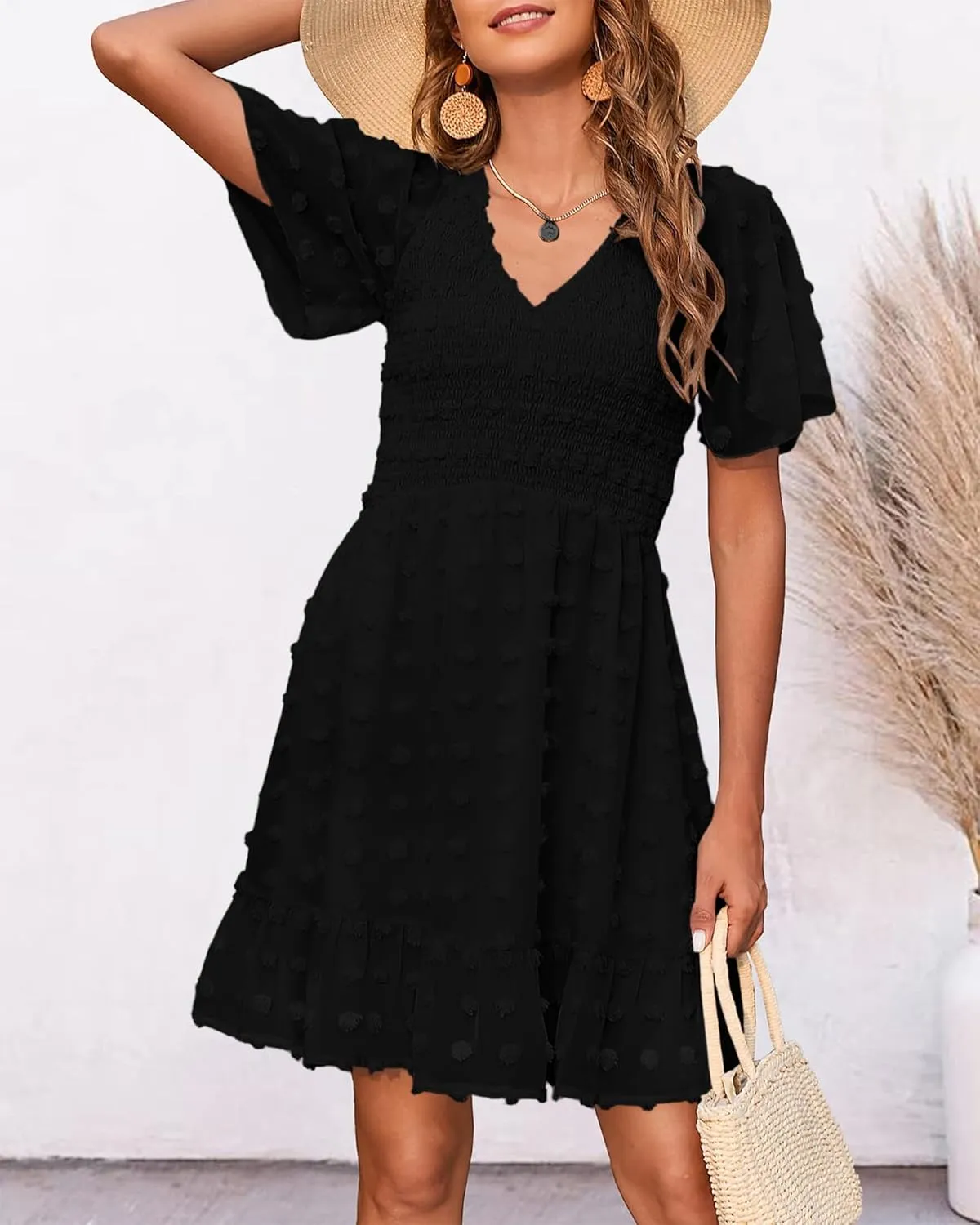 BTFBM Womens Beach Vacation Dress V Neck Short Sleeve Smocked Swiss Dot Casual Ruffle Mini Spring Summer Dresses 2025