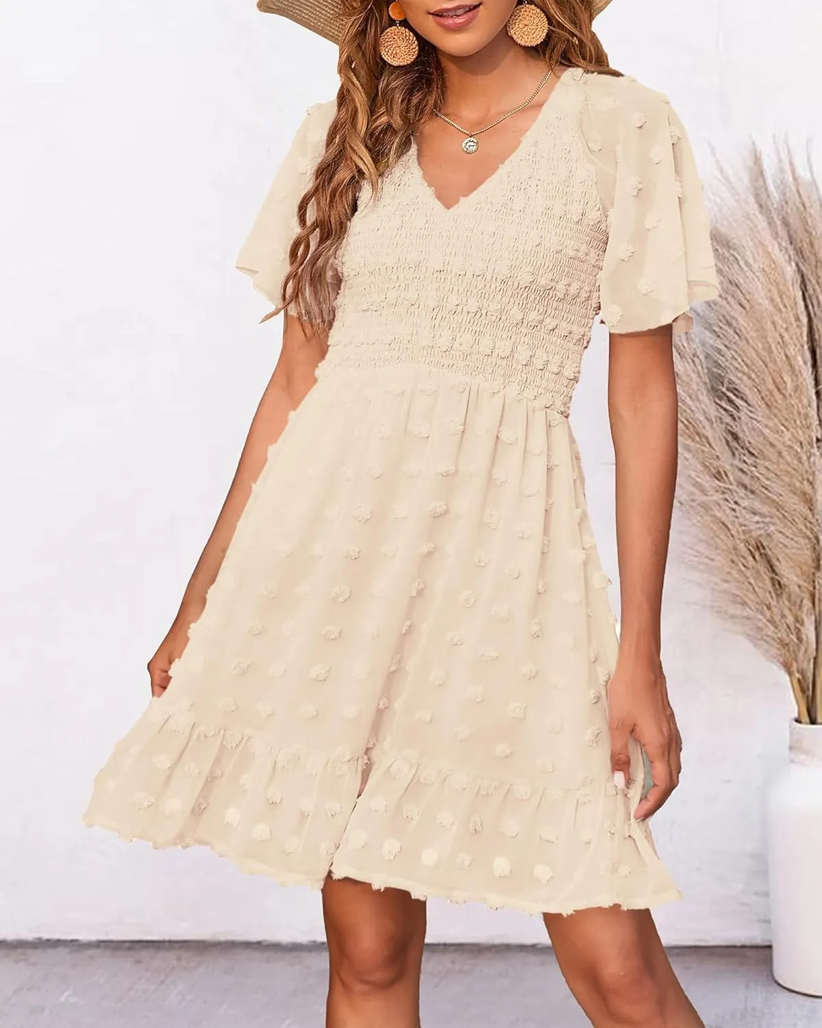 BTFBM Womens Beach Vacation Dress V Neck Short Sleeve Smocked Swiss Dot Casual Ruffle Mini Spring Summer Dresses 2025