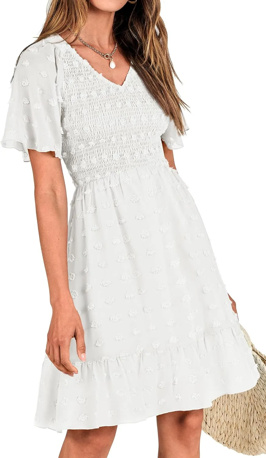 BTFBM Womens Beach Vacation Dress V Neck Short Sleeve Smocked Swiss Dot Casual Ruffle Mini Spring Summer Dresses 2025