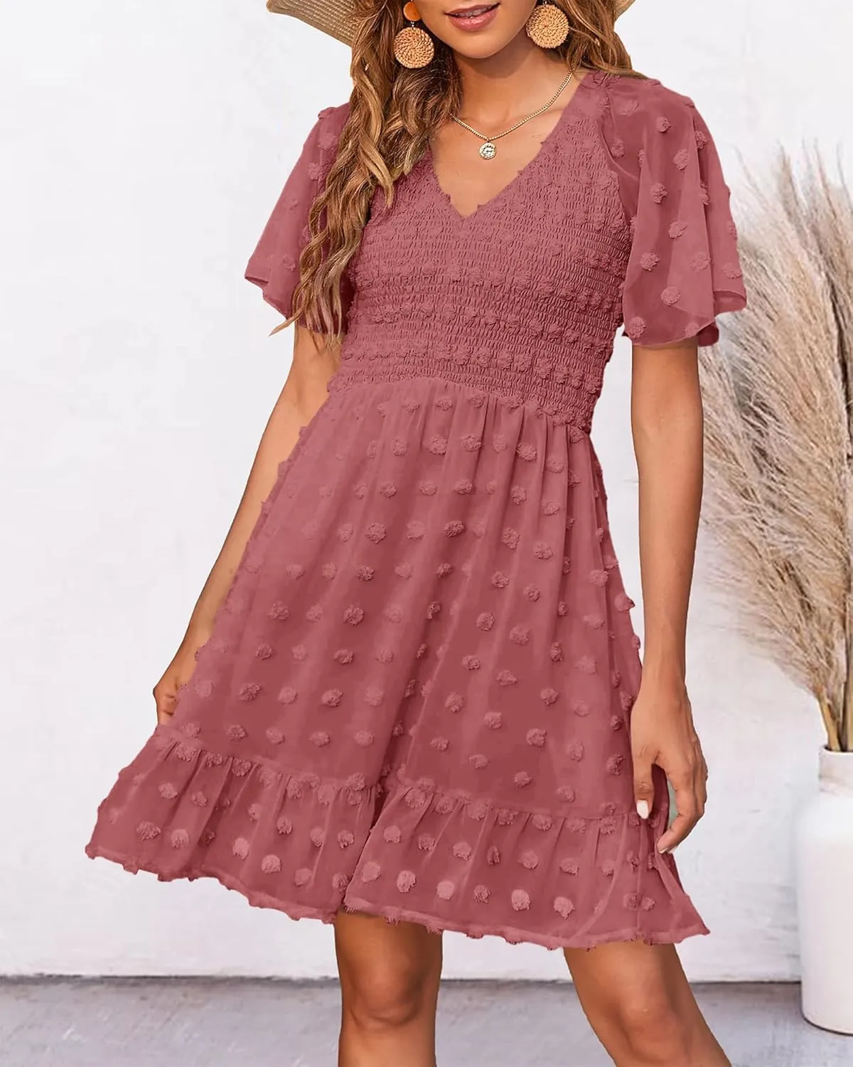 BTFBM Womens Beach Vacation Dress V Neck Short Sleeve Smocked Swiss Dot Casual Ruffle Mini Spring Summer Dresses 2025