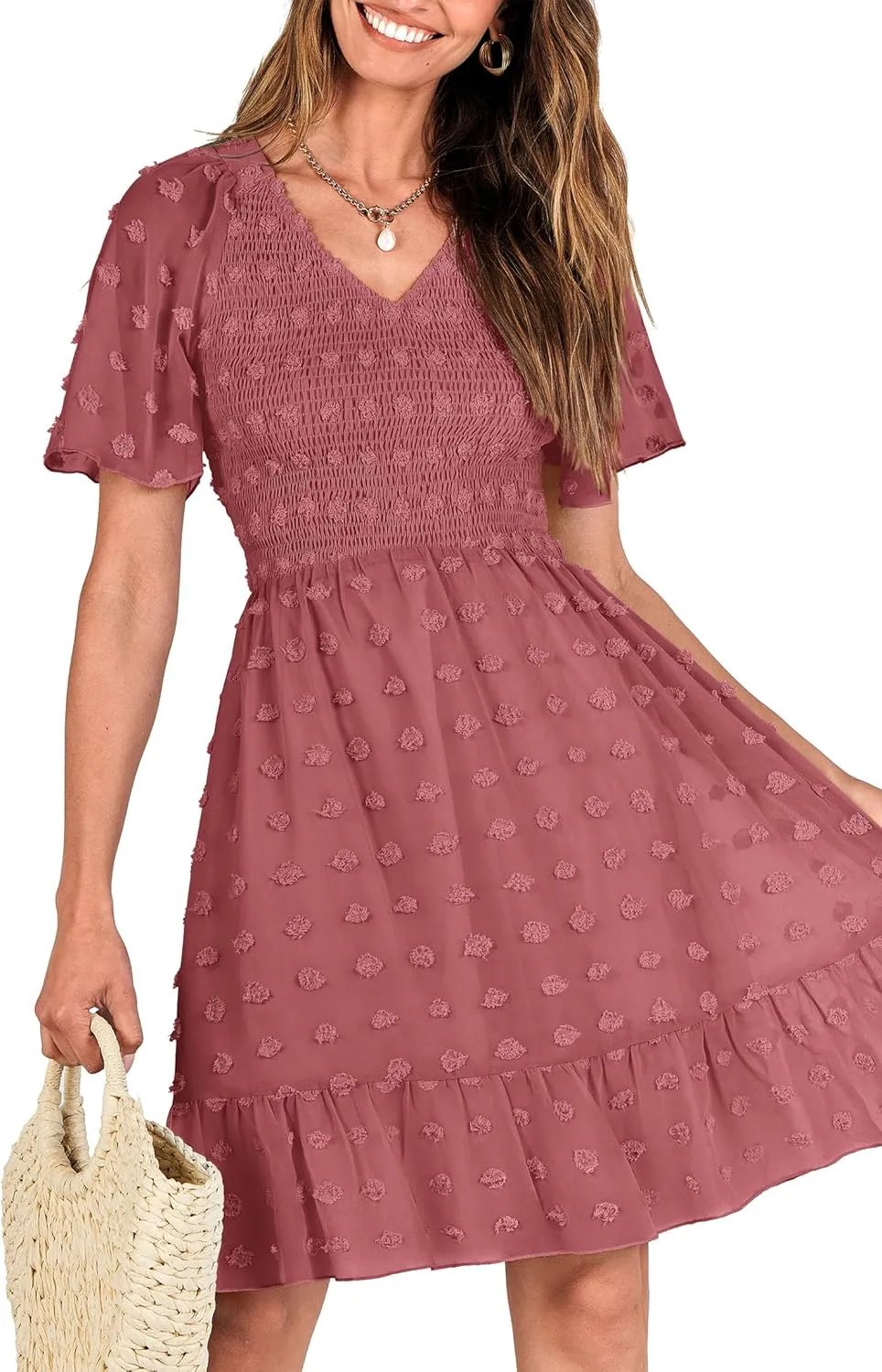 BTFBM Womens Beach Vacation Dress V Neck Short Sleeve Smocked Swiss Dot Casual Ruffle Mini Spring Summer Dresses 2025