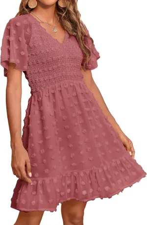 BTFBM Womens Beach Vacation Dress V Neck Short Sleeve Smocked Swiss Dot Casual Ruffle Mini Spring Summer Dresses 2025