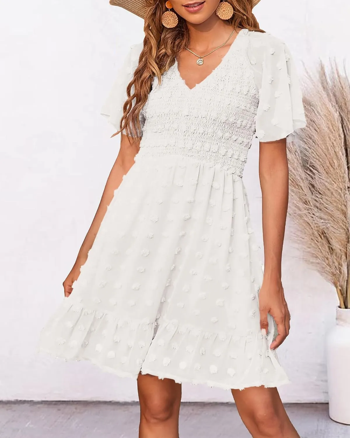 BTFBM Womens Beach Vacation Dress V Neck Short Sleeve Smocked Swiss Dot Casual Ruffle Mini Spring Summer Dresses 2025