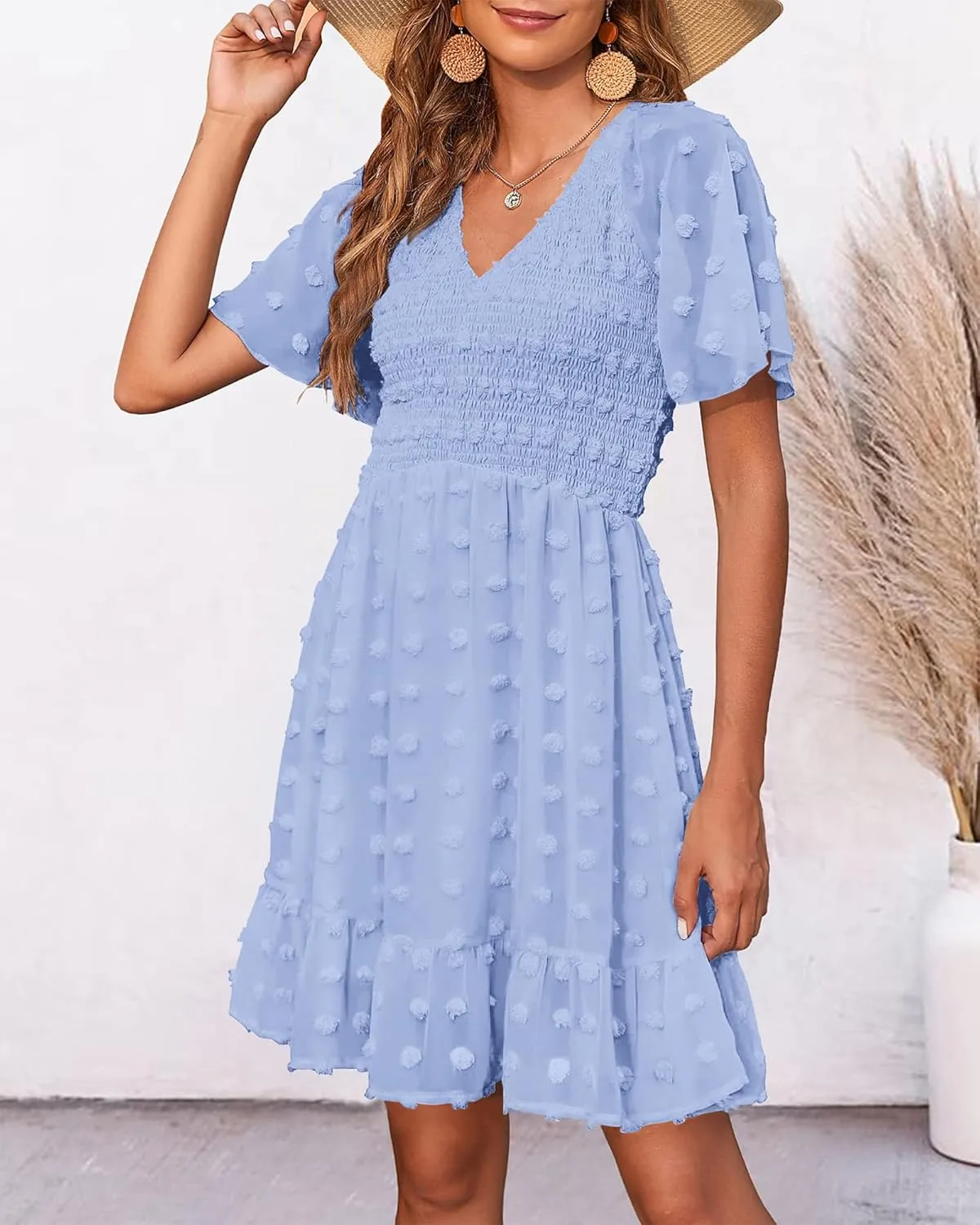 BTFBM Womens Beach Vacation Dress V Neck Short Sleeve Smocked Swiss Dot Casual Ruffle Mini Spring Summer Dresses 2025