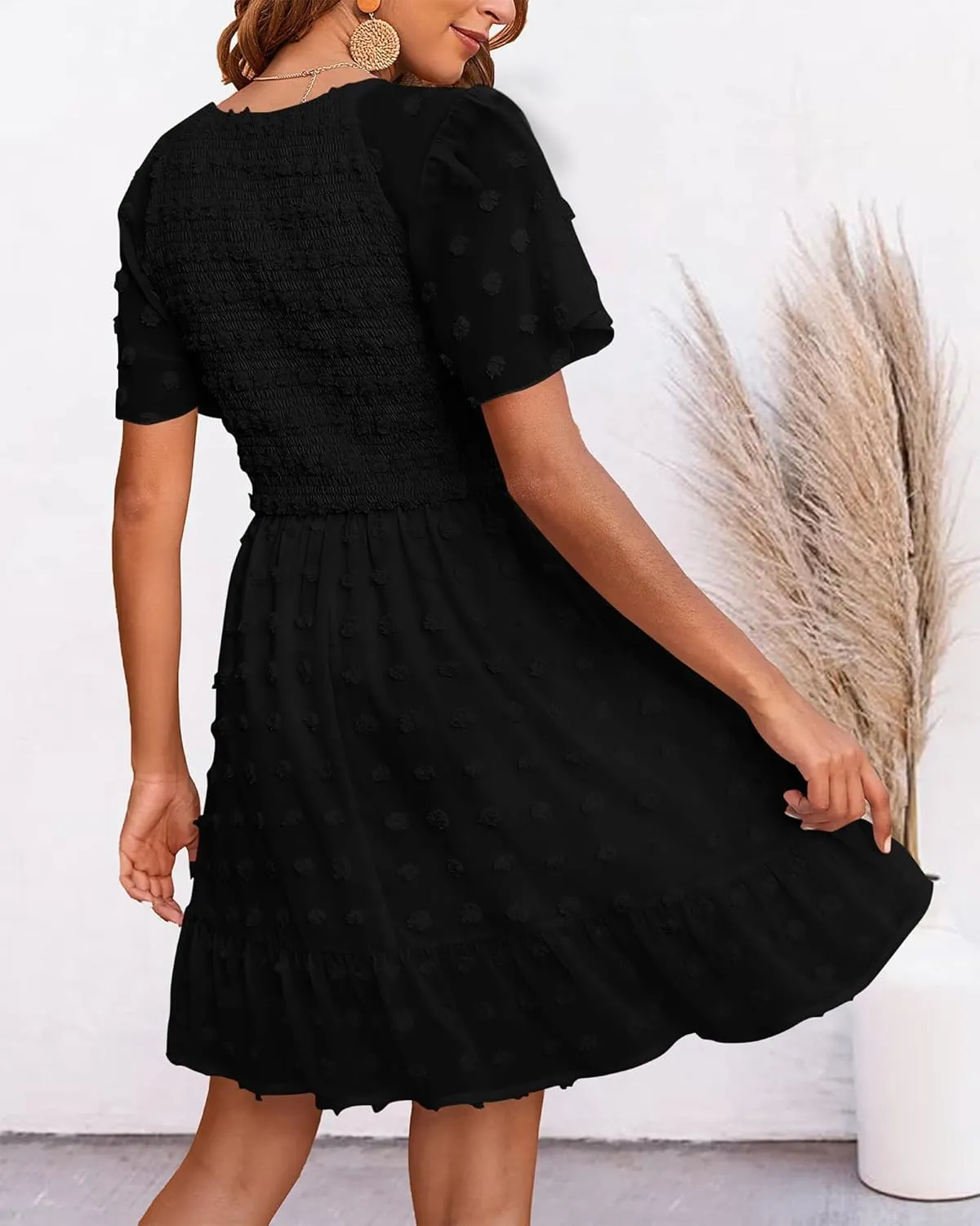 BTFBM Womens Beach Vacation Dress V Neck Short Sleeve Smocked Swiss Dot Casual Ruffle Mini Spring Summer Dresses 2025