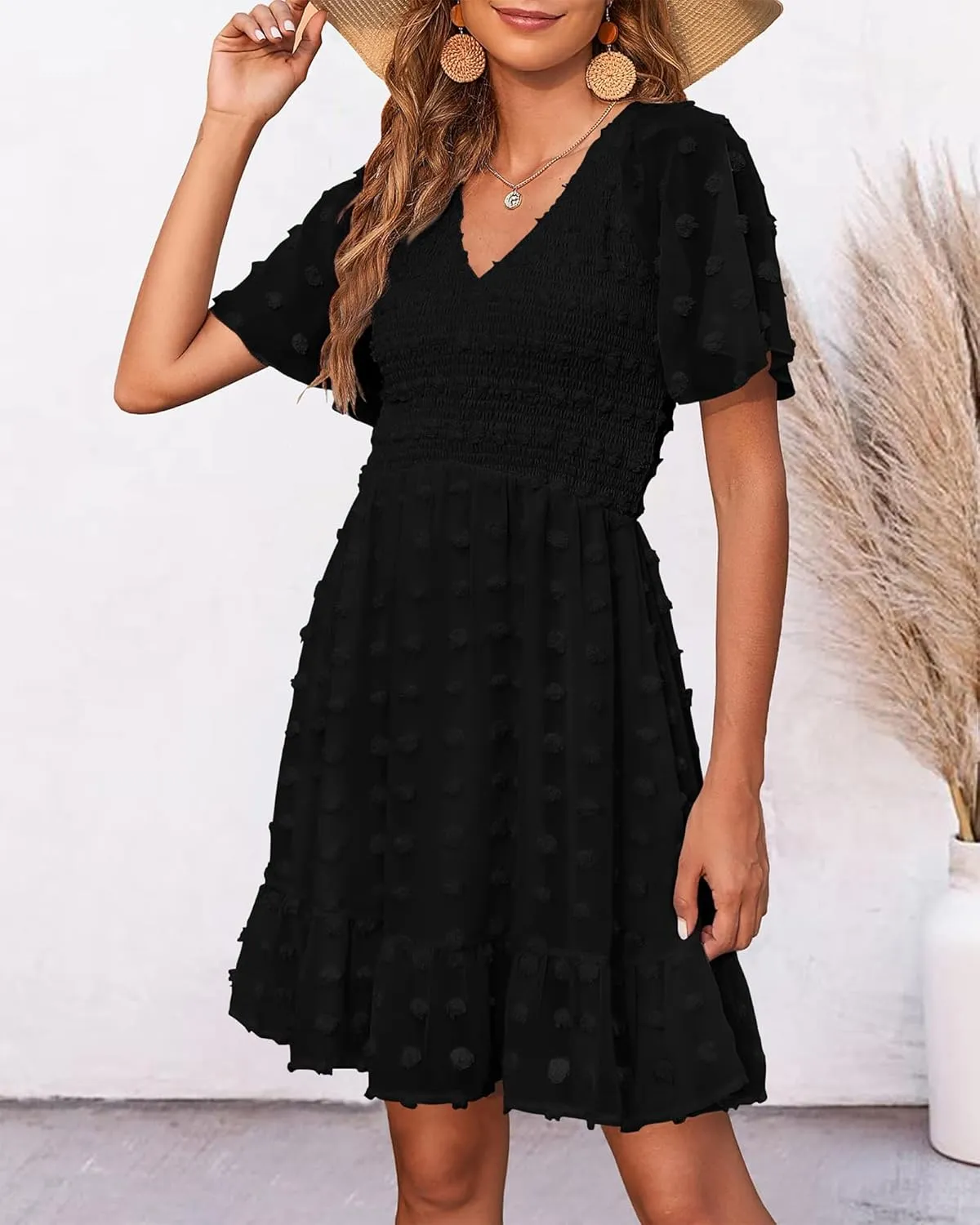 BTFBM Womens Beach Vacation Dress V Neck Short Sleeve Smocked Swiss Dot Casual Ruffle Mini Spring Summer Dresses 2025