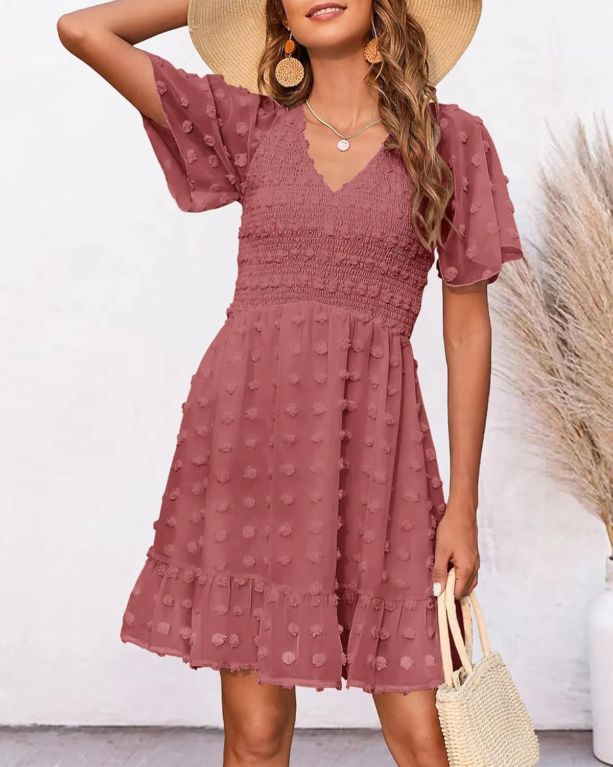 BTFBM Womens Beach Vacation Dress V Neck Short Sleeve Smocked Swiss Dot Casual Ruffle Mini Spring Summer Dresses 2025