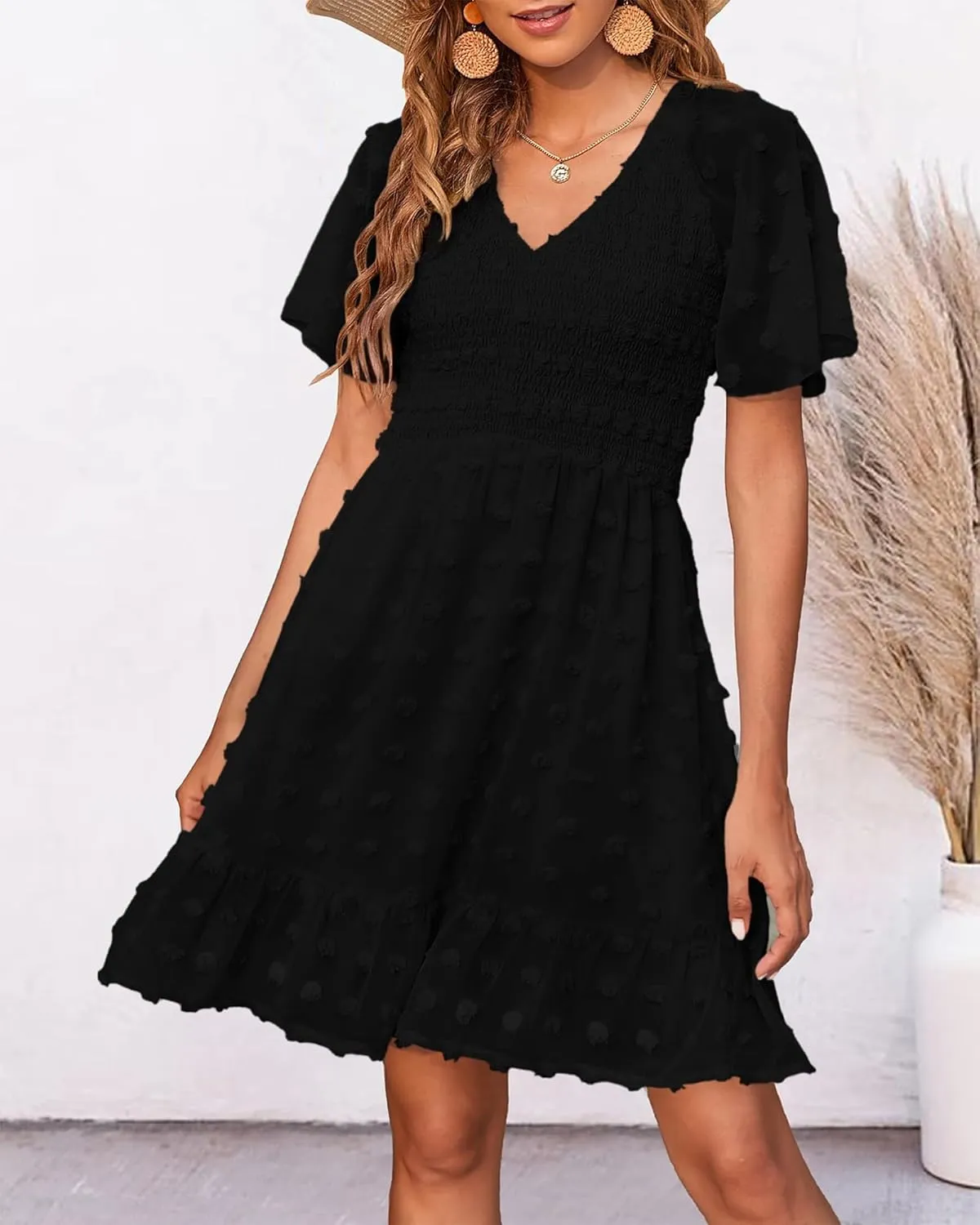 BTFBM Womens Beach Vacation Dress V Neck Short Sleeve Smocked Swiss Dot Casual Ruffle Mini Spring Summer Dresses 2025