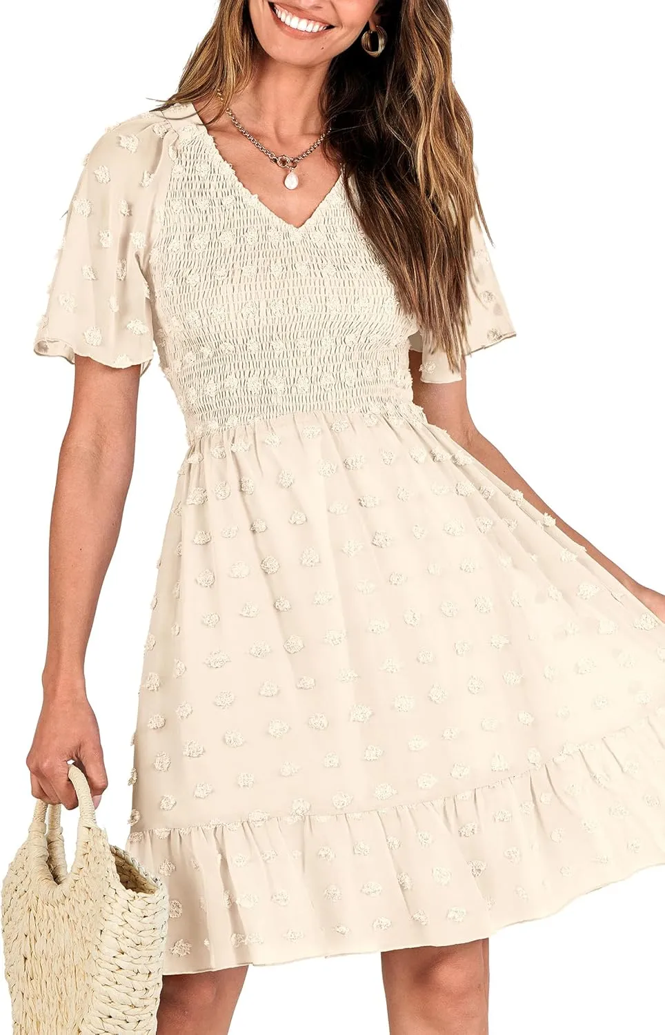 BTFBM Womens Beach Vacation Dress V Neck Short Sleeve Smocked Swiss Dot Casual Ruffle Mini Spring Summer Dresses 2025