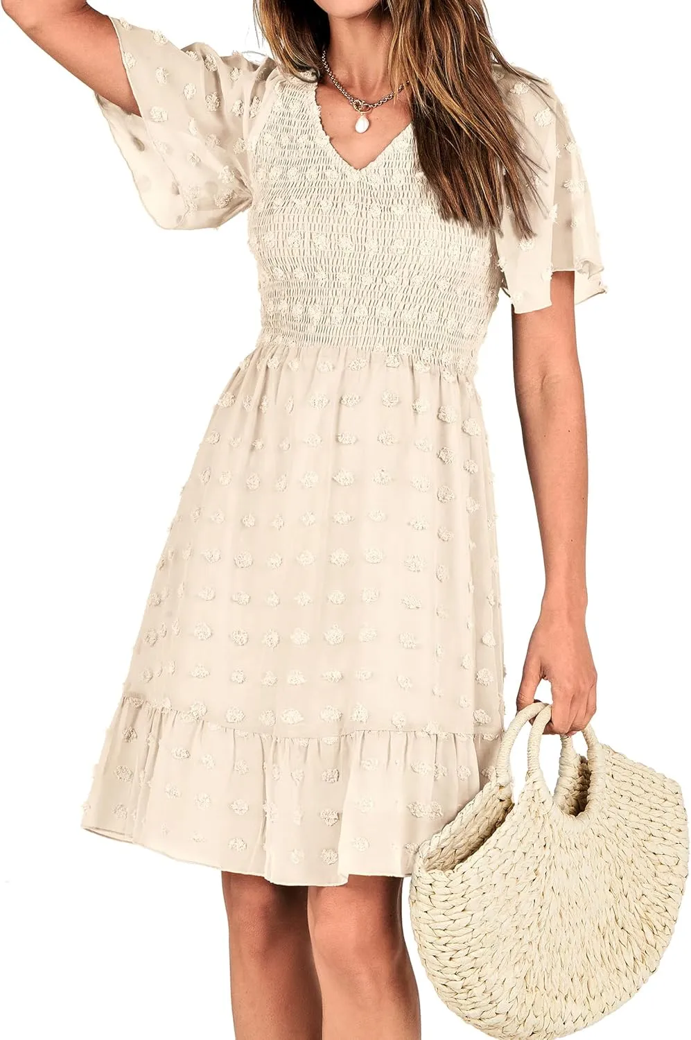 BTFBM Womens Beach Vacation Dress V Neck Short Sleeve Smocked Swiss Dot Casual Ruffle Mini Spring Summer Dresses 2025