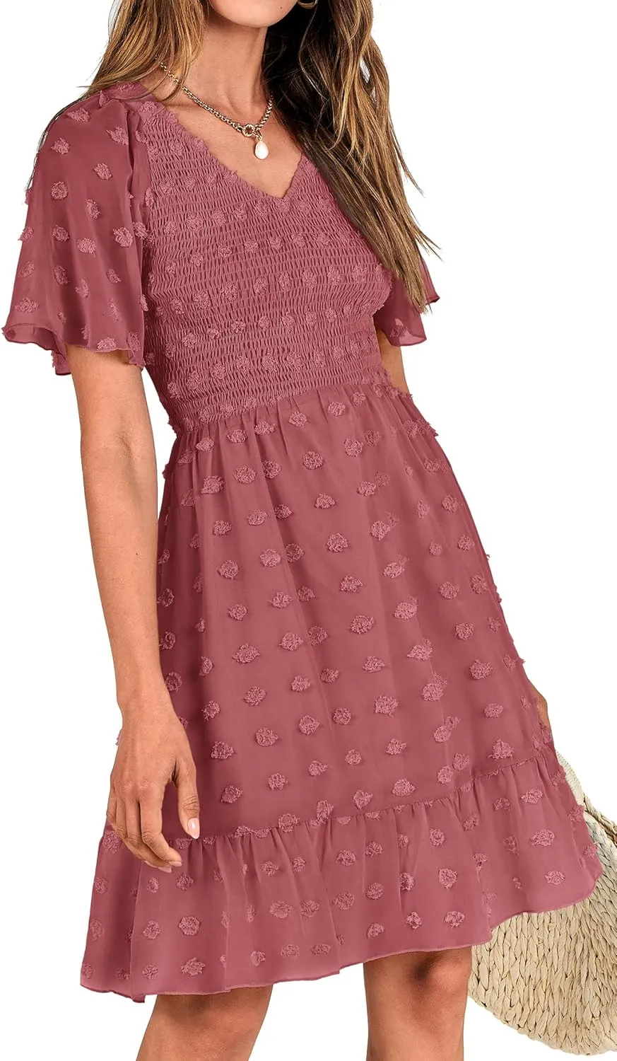 BTFBM Womens Beach Vacation Dress V Neck Short Sleeve Smocked Swiss Dot Casual Ruffle Mini Spring Summer Dresses 2025
