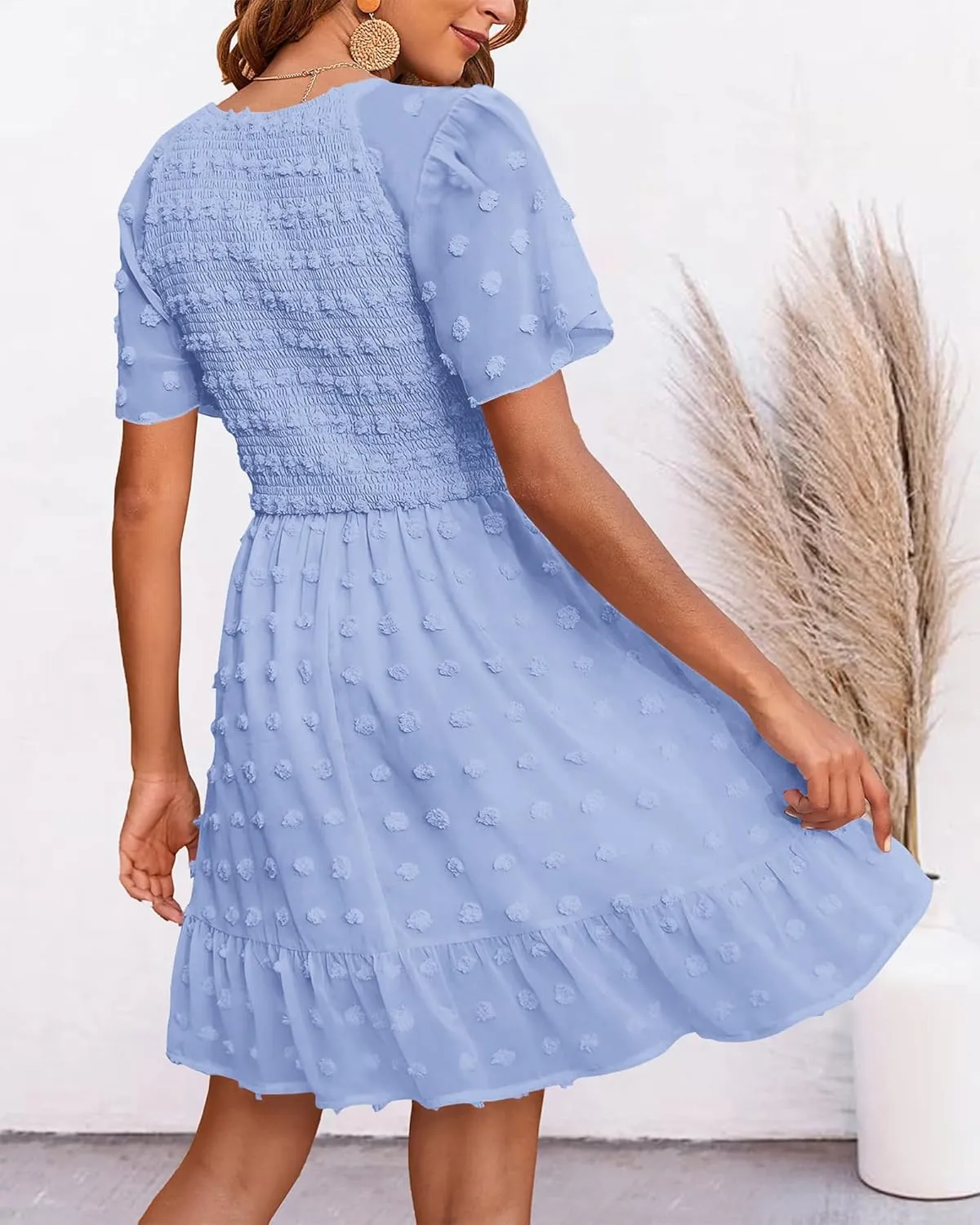 BTFBM Womens Beach Vacation Dress V Neck Short Sleeve Smocked Swiss Dot Casual Ruffle Mini Spring Summer Dresses 2025