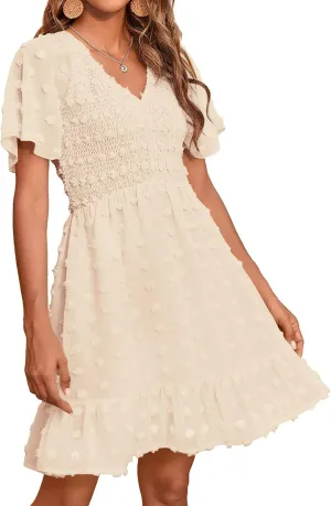 BTFBM Womens Beach Vacation Dress V Neck Short Sleeve Smocked Swiss Dot Casual Ruffle Mini Spring Summer Dresses 2025