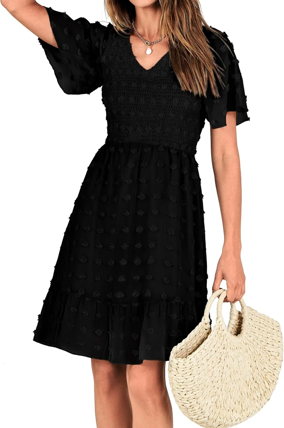 BTFBM Womens Beach Vacation Dress V Neck Short Sleeve Smocked Swiss Dot Casual Ruffle Mini Spring Summer Dresses 2025