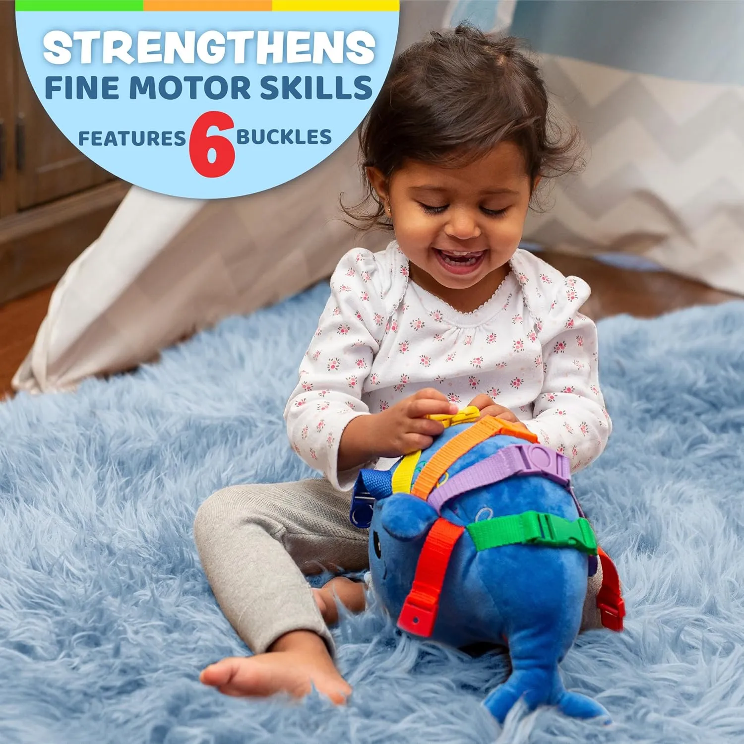 Buckle Toys Blu Whale Stuffed Animal Montessori Toys for Toddlers 1-3, Learning Activity Toy & Sensory Toys to Develop Fine Motor Skills and Problem Solving, Classroom and Toddler Travel Essential