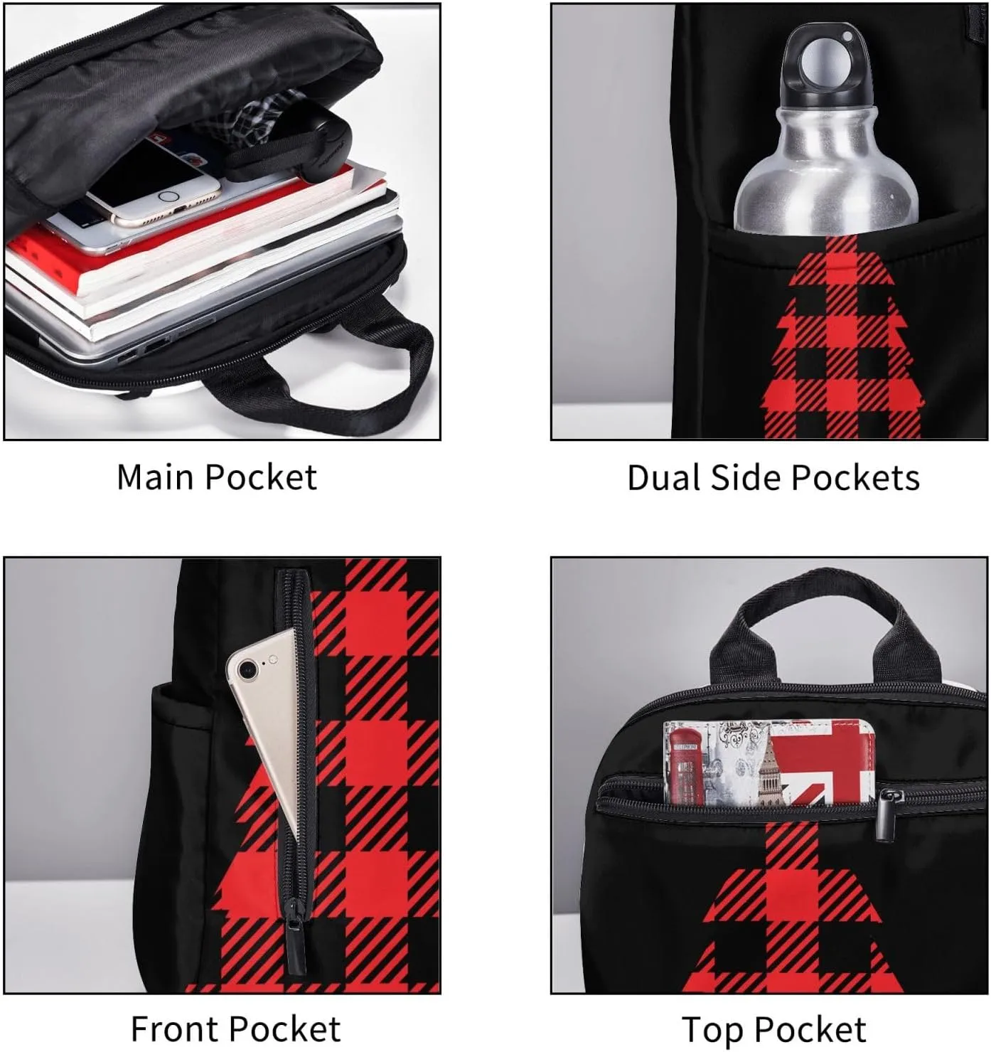 Buffalo Plaid Christmas Tree Casual Backpacks Large Capacity Laptop Backpack Sports Rucksack Travel Daypack Adjustable Shoulder Strap Work Bag for Outdoor Camping