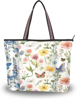 Butterfly Handbag for Women with Zipper,Flower Purse Floral Tote Bag for Work Business,80