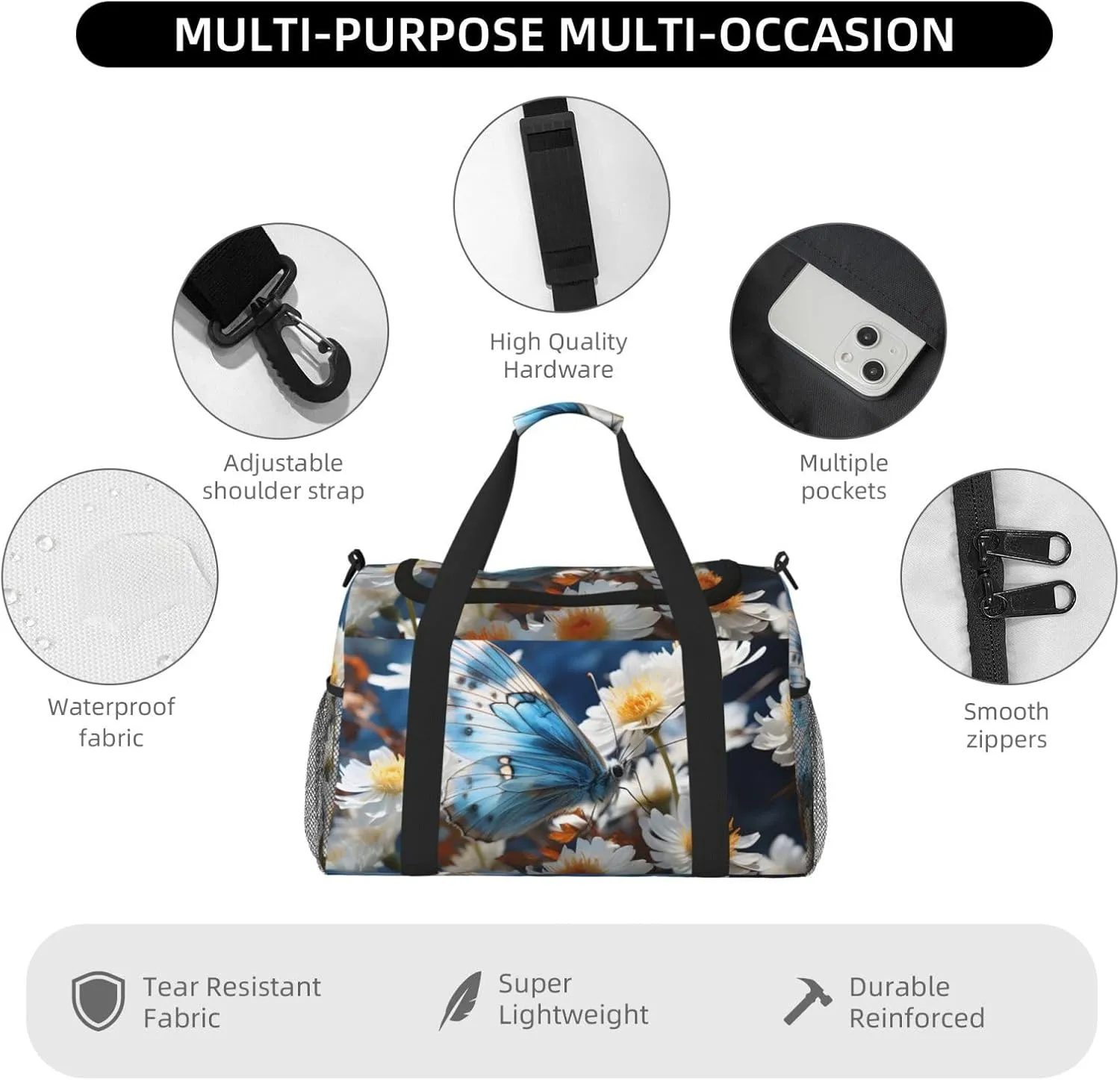 Butterfly Nature Floral Duffle Bag Foldable Travel Tote Bag Carry On Large Weekender Overnight Bags Waterproof Gym Bag For Women Men