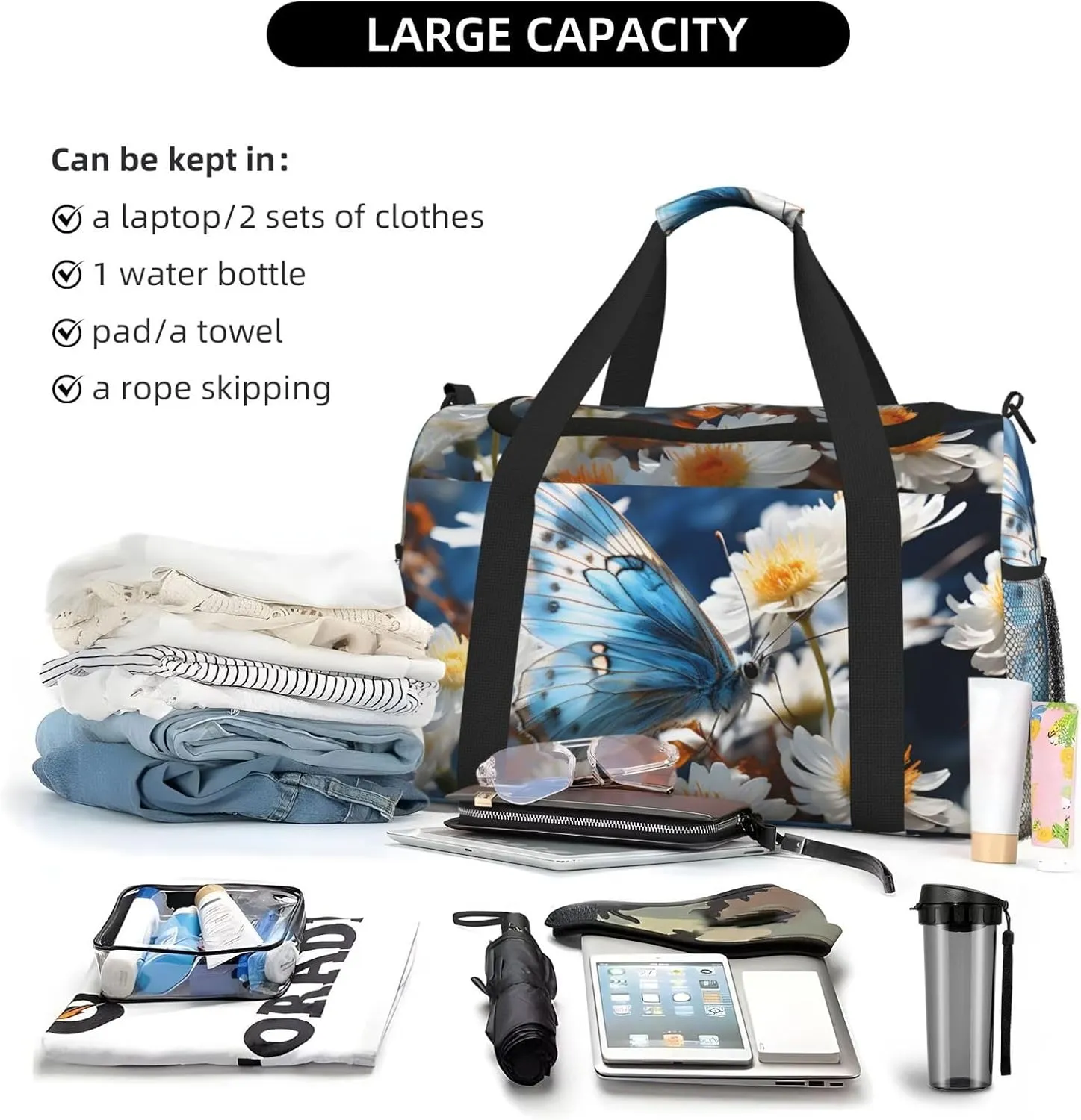 Butterfly Nature Floral Duffle Bag Foldable Travel Tote Bag Carry On Large Weekender Overnight Bags Waterproof Gym Bag For Women Men