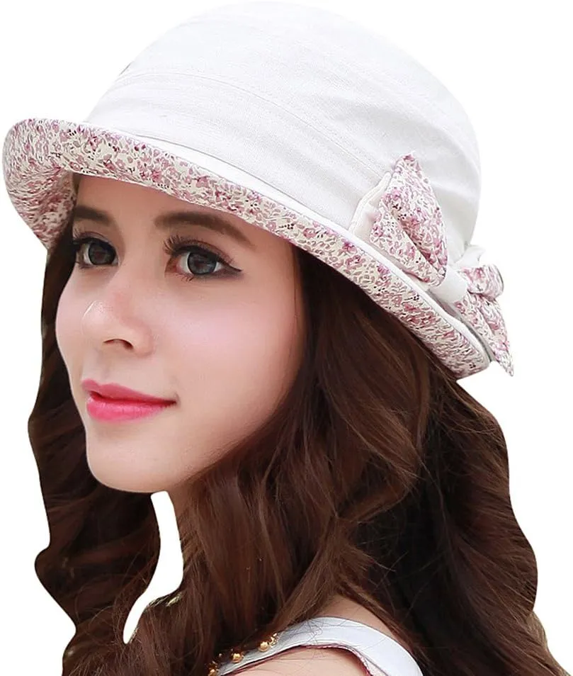 CACUSS Women's Foldable Floral Bucket Hat Rolled Brim with Bowknot