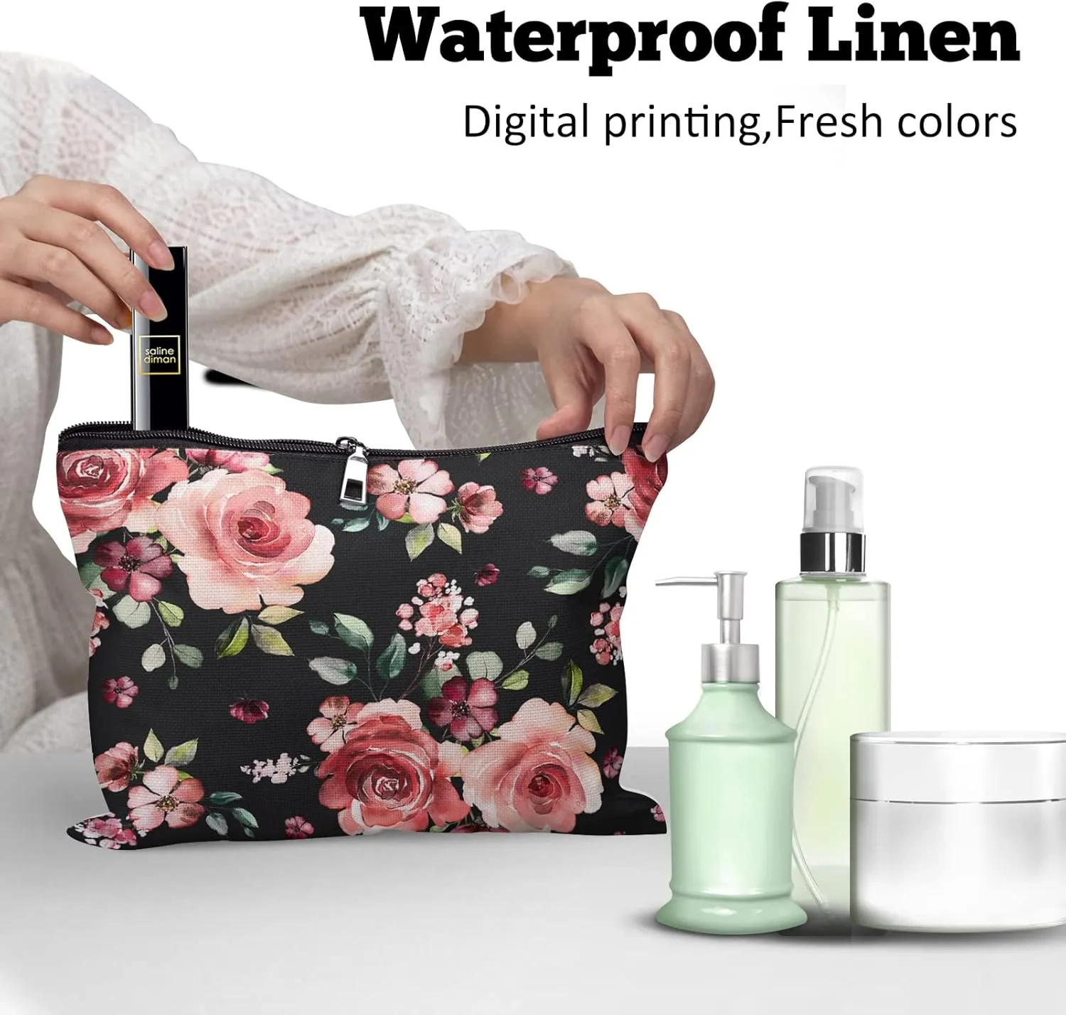 Cafl Floral Makeup Bag Flower Cosmetic Bag Zipper Pouch Large Toiltry Bag Travel Linen Make Up Organizer for Purse for Women 10×8Inch