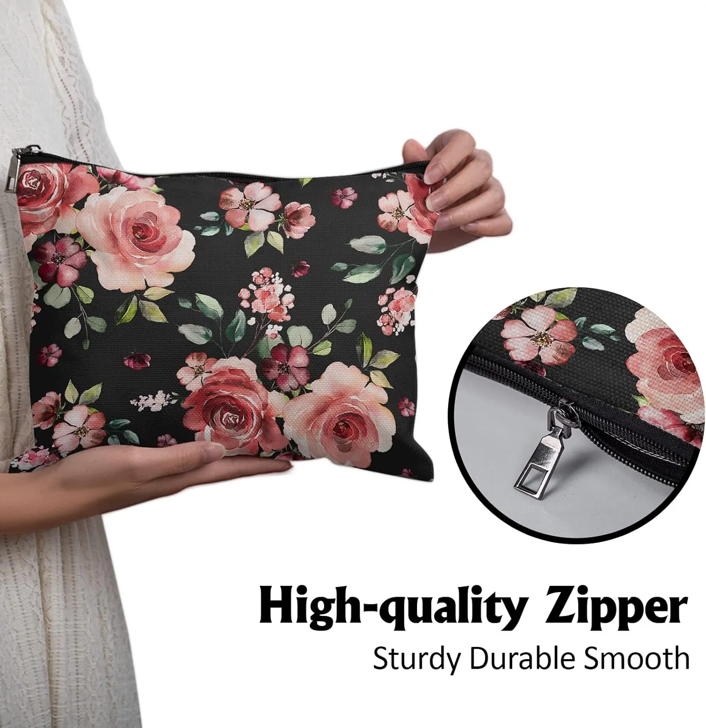 Cafl Floral Makeup Bag Flower Cosmetic Bag Zipper Pouch Large Toiltry Bag Travel Linen Make Up Organizer for Purse for Women 10×8Inch
