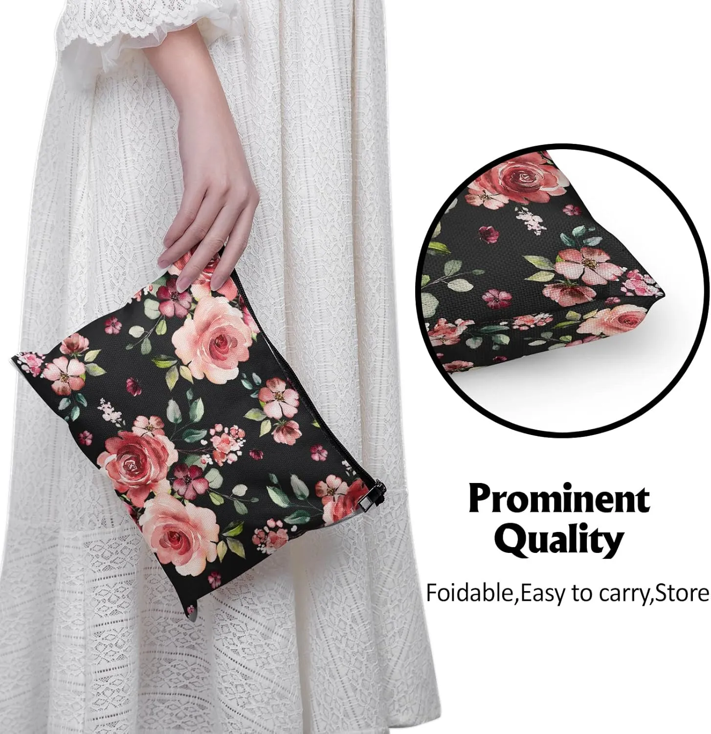 Cafl Floral Makeup Bag Flower Cosmetic Bag Zipper Pouch Large Toiltry Bag Travel Linen Make Up Organizer for Purse for Women 10×8Inch