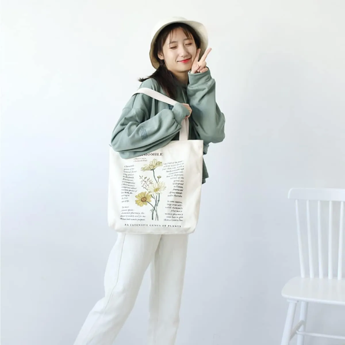 Canvas Tote Bag, Zippered Tote Bag with Interior Pocket, Floral By Shoulder Tote Bag, Retro Large-Capacity Tote Bag