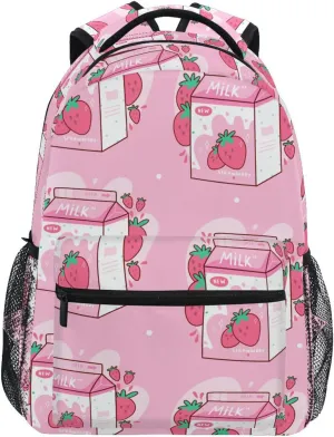 Carton Strawberry Milk Boys Girls Kids School Backpacks Bookbag, School Bag Travel Backpack Daypack