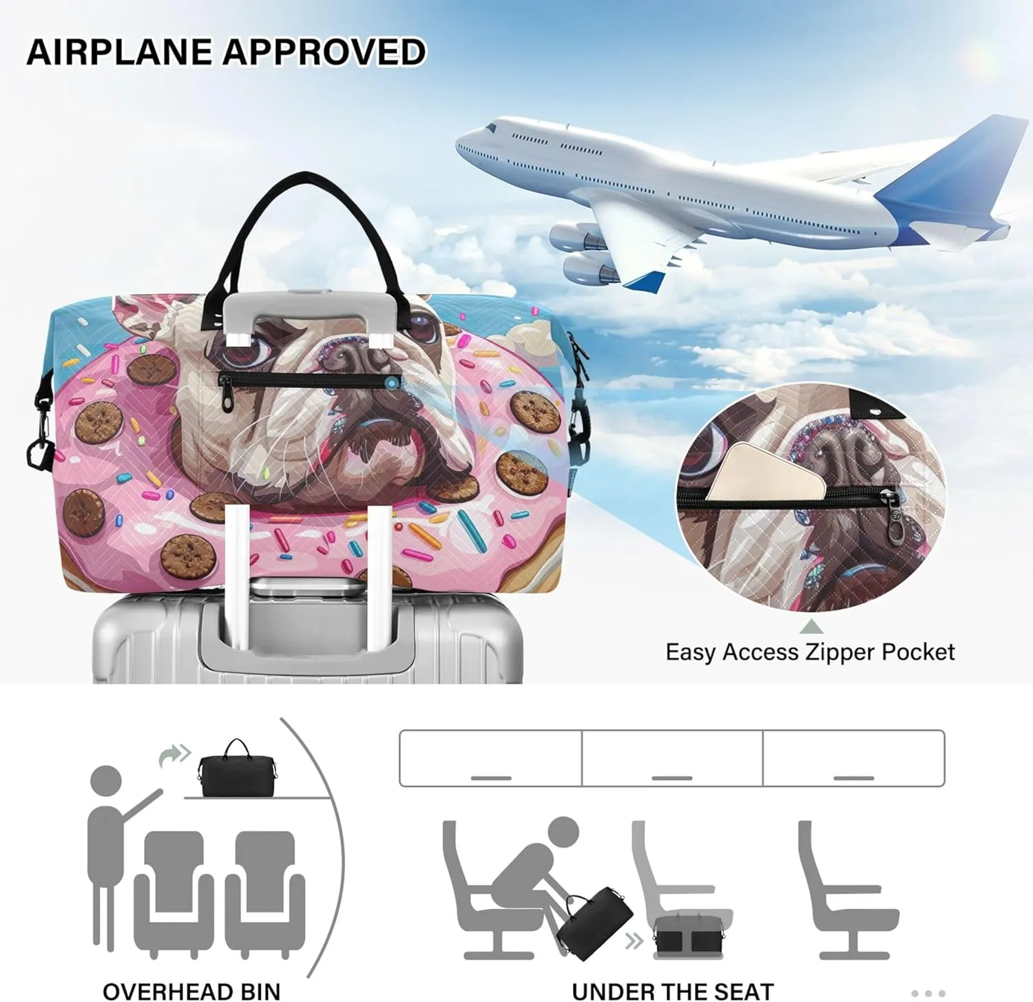 Cartoon French Bulldog Donut Duffle Travel Bag Cosmetic Pouch Set of 2, Design Women Tote Gym Bag Duffel for Traveling
