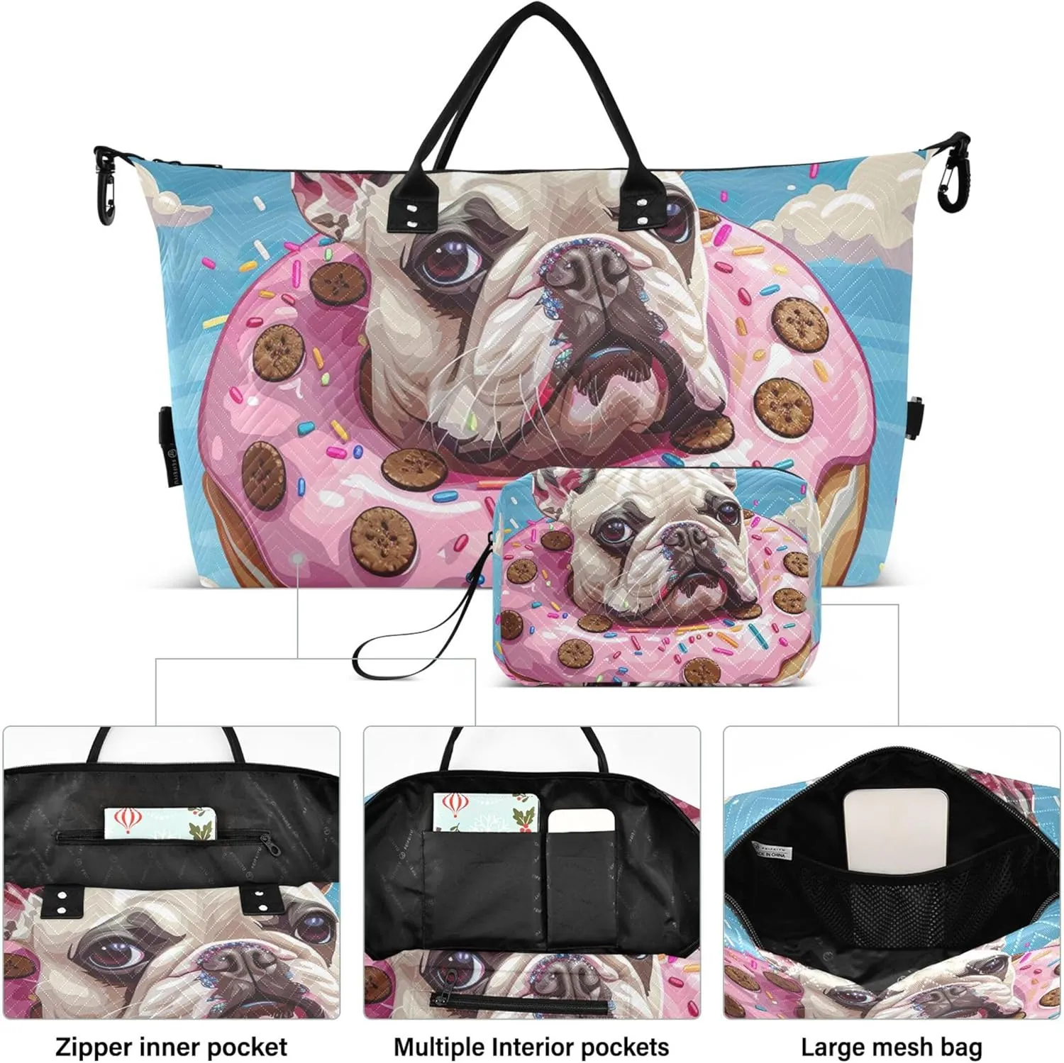 Cartoon French Bulldog Donut Duffle Travel Bag Cosmetic Pouch Set of 2, Design Women Tote Gym Bag Duffel for Traveling