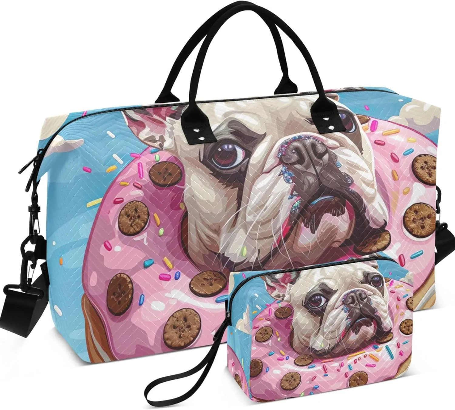 Cartoon French Bulldog Donut Duffle Travel Bag Cosmetic Pouch Set of 2, Design Women Tote Gym Bag Duffel for Traveling