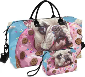 Cartoon French Bulldog Donut Duffle Travel Bag Cosmetic Pouch Set of 2, Design Women Tote Gym Bag Duffel for Traveling