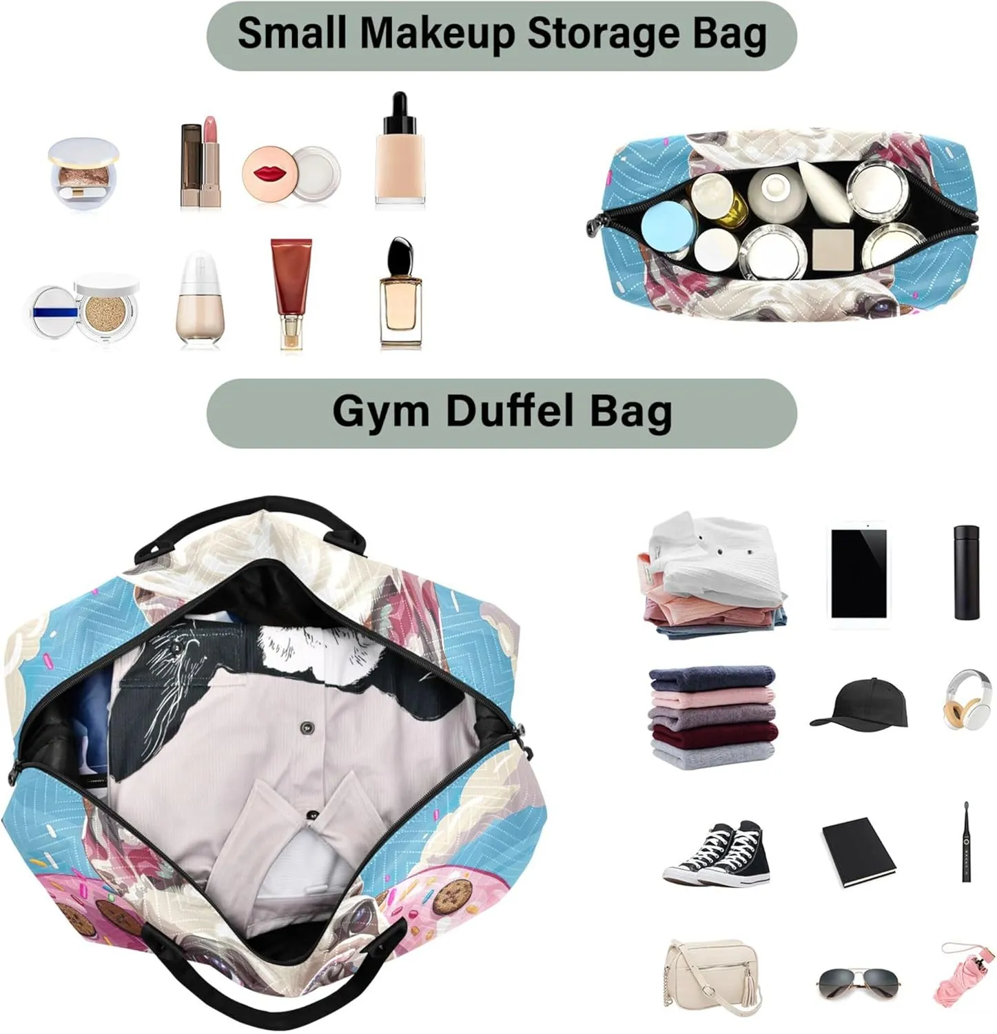 Cartoon French Bulldog Donut Duffle Travel Bag Cosmetic Pouch Set of 2, Design Women Tote Gym Bag Duffel for Traveling