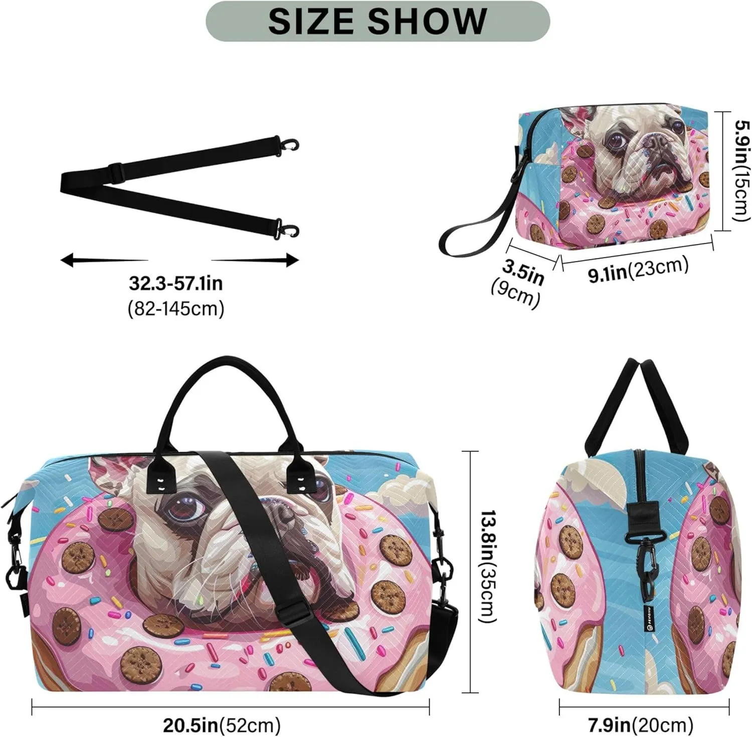 Cartoon French Bulldog Donut Duffle Travel Bag Cosmetic Pouch Set of 2, Design Women Tote Gym Bag Duffel for Traveling