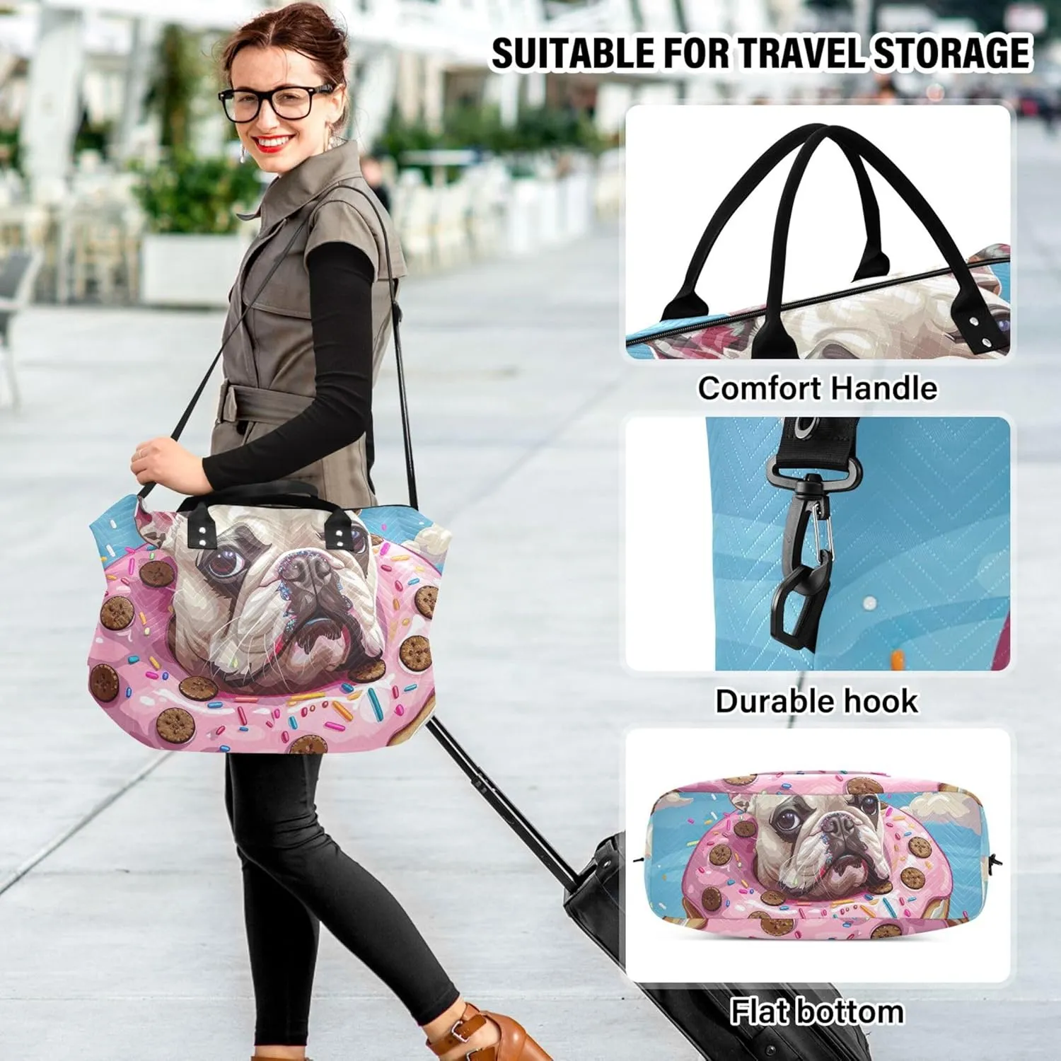 Cartoon French Bulldog Donut Duffle Travel Bag Cosmetic Pouch Set of 2, Design Women Tote Gym Bag Duffel for Traveling