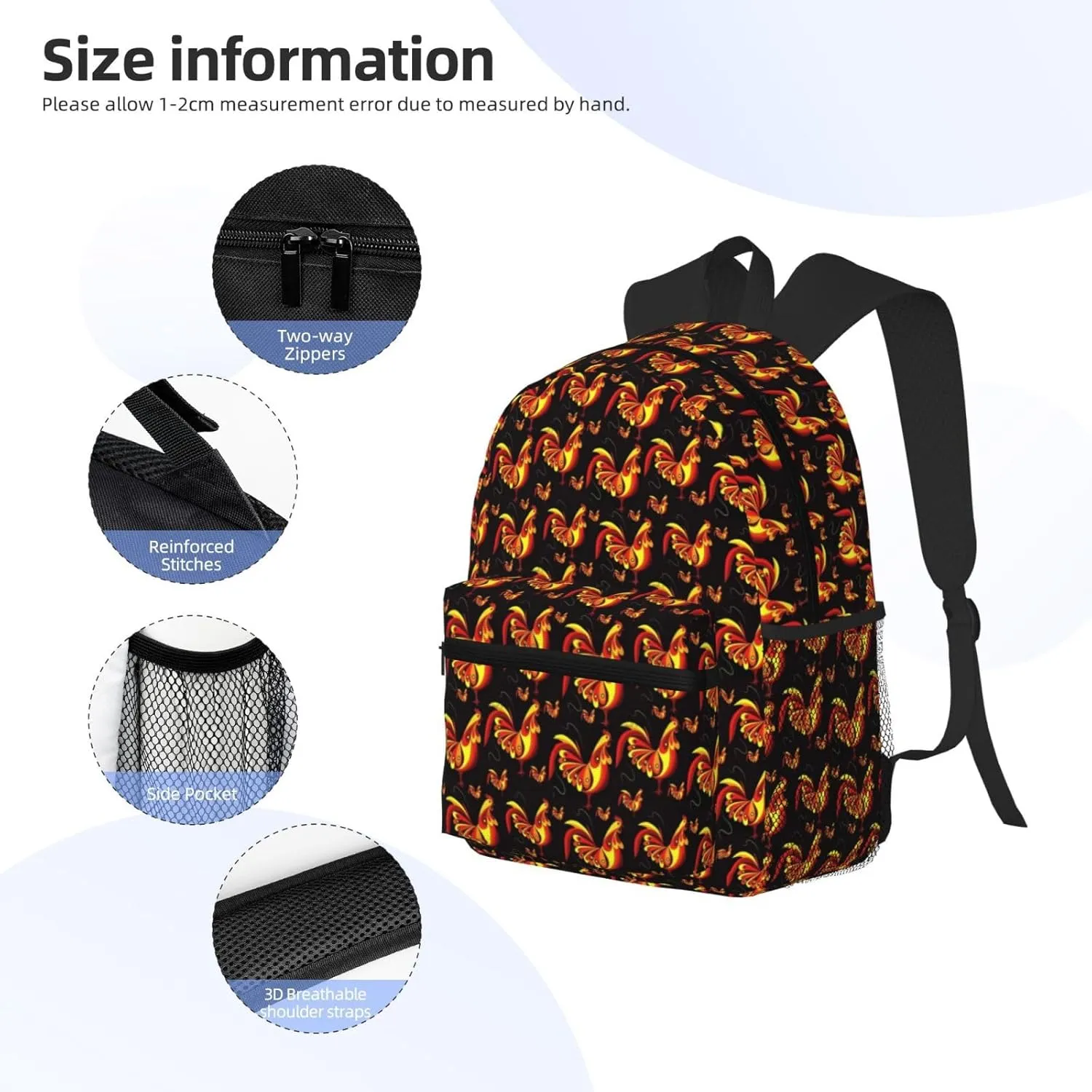 Cartoon Rooster Print Backpack 16 Inch Laptop Backpacks For Women Men Large Bags For Travel Hiking Camping Day Pack Outdoor Daypack