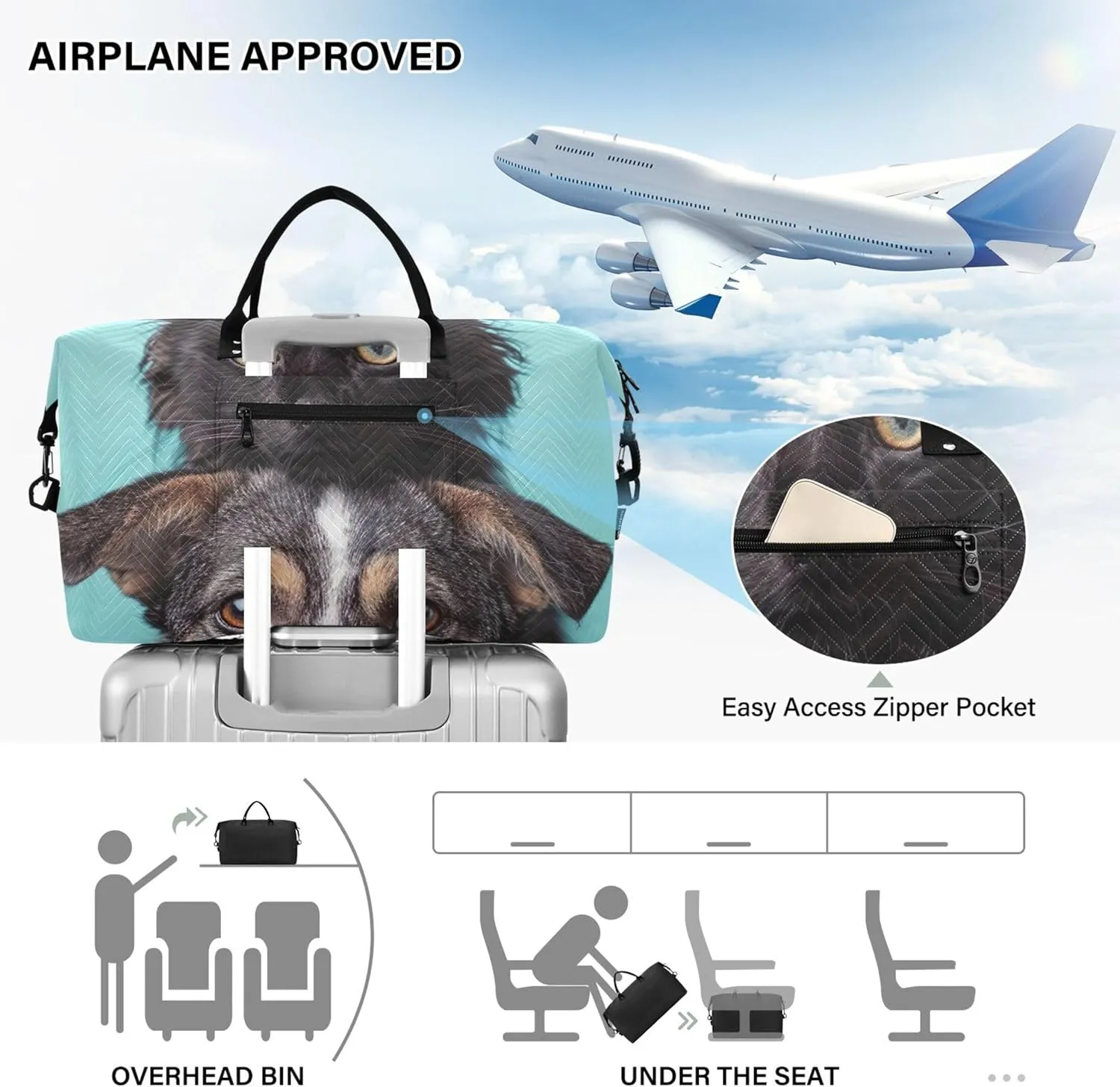 Cat Dog Pet Print Duffel Bags Travel Cosmetic Bag Set of 2, Flower Women Tote Gym Bag Weekender Bags